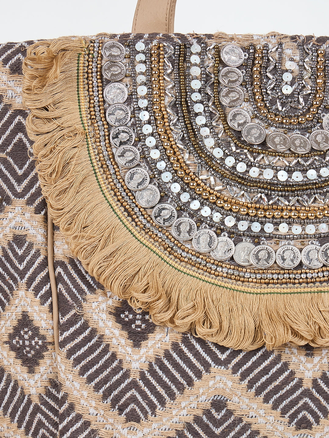 PRIMROSE Bohemian Tote Bag with Sequin Embellishments, Fringe Detail, Geometric Pattern, Beige and Grey
