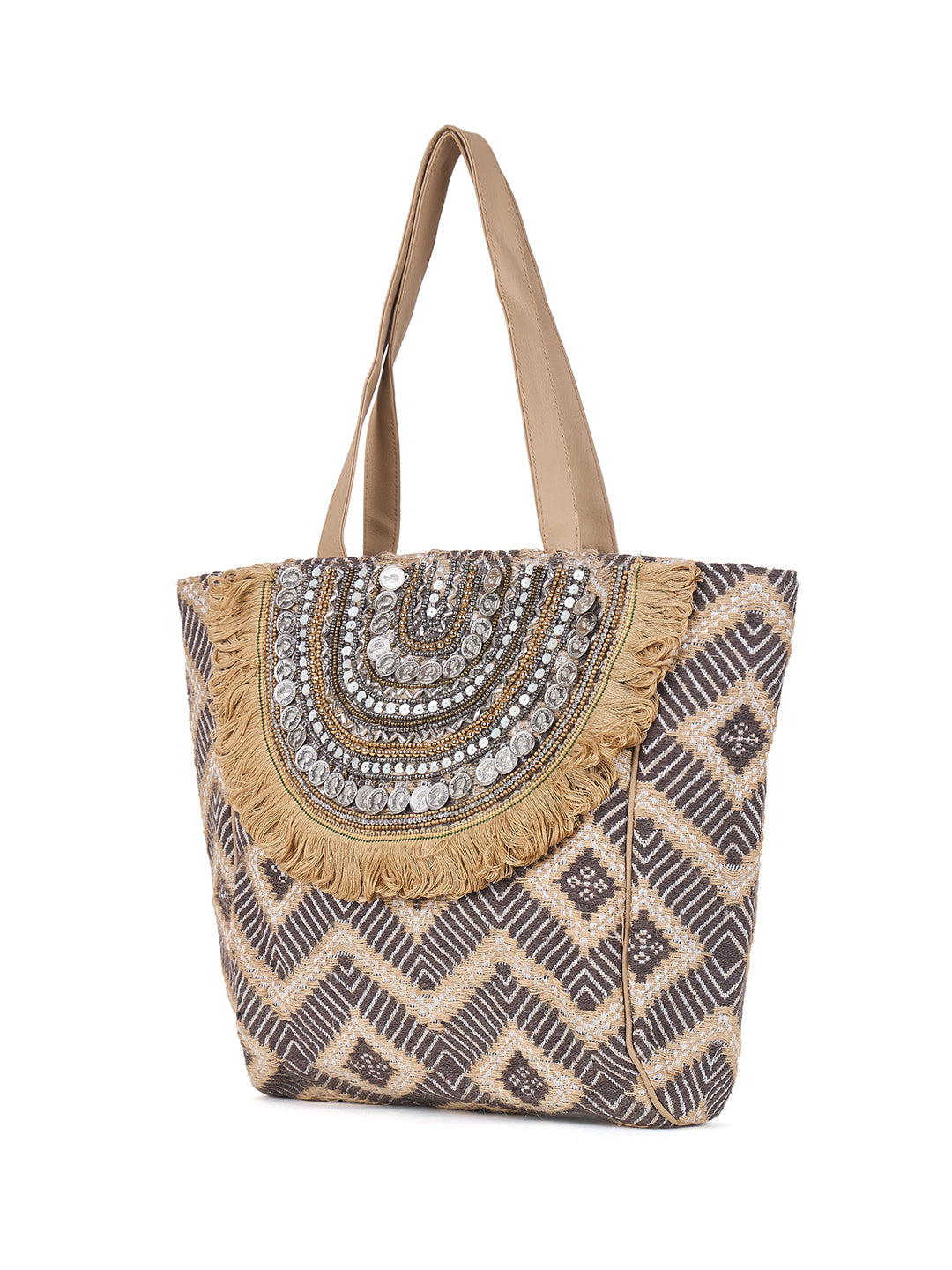 PRIMROSE Bohemian Tote Bag with Sequin Embellishments, Fringe Detail, Geometric Pattern, Beige and Grey