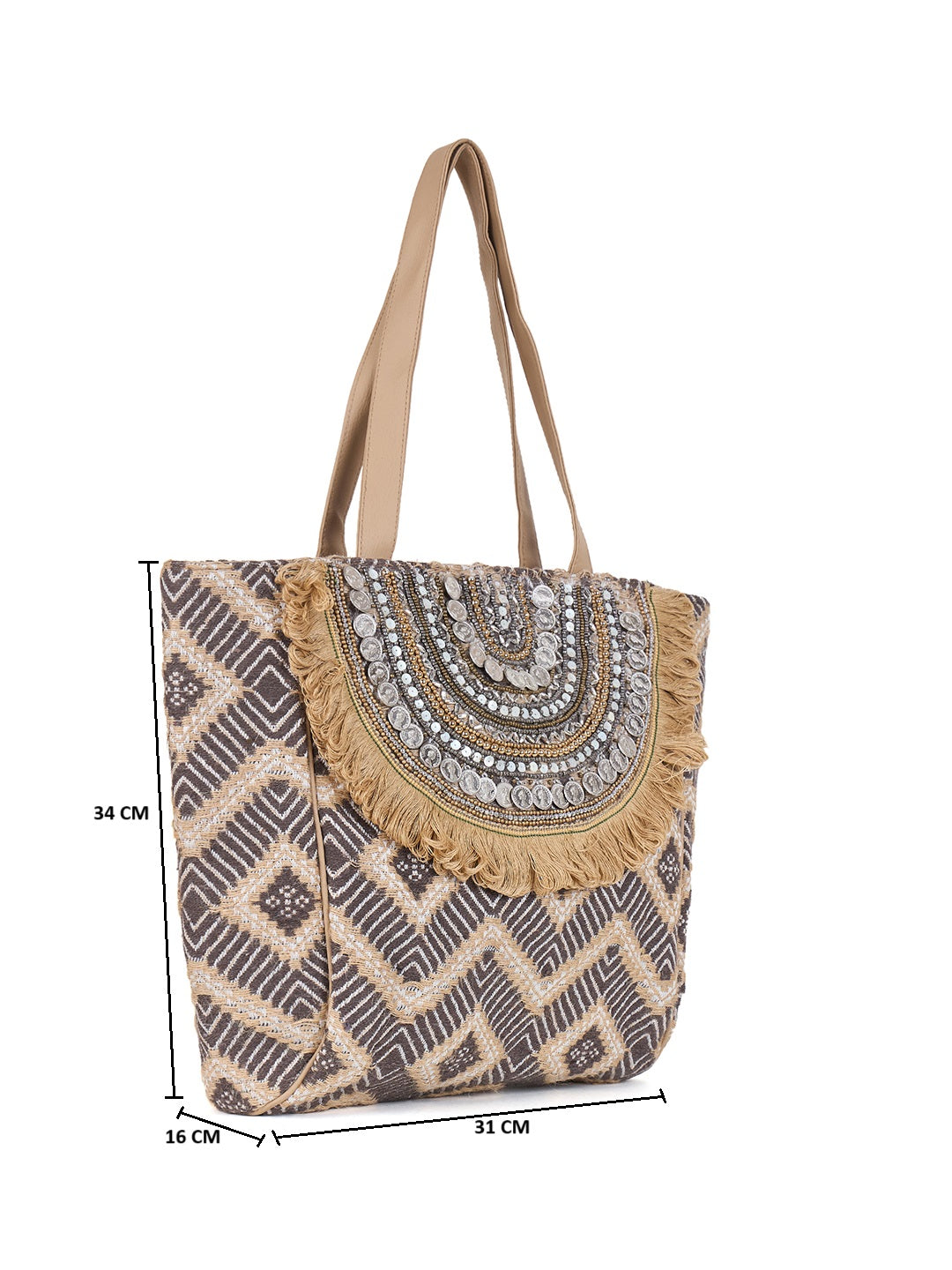 PRIMROSE Bohemian Tote Bag with Sequin Embellishments, Fringe Detail, Geometric Pattern, Beige and Grey