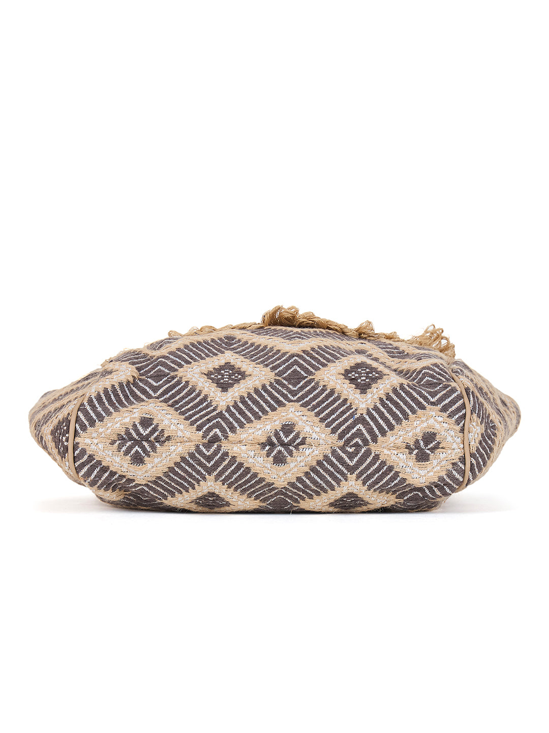 PRIMROSE Bohemian Tote Bag with Sequin Embellishments, Fringe Detail, Geometric Pattern, Beige and Grey