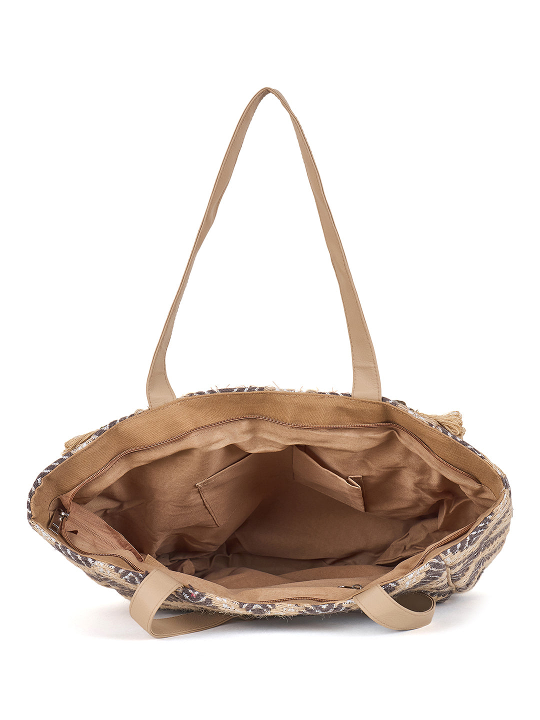 PRIMROSE Bohemian Tote Bag with Sequin Embellishments, Fringe Detail, Geometric Pattern, Beige and Grey