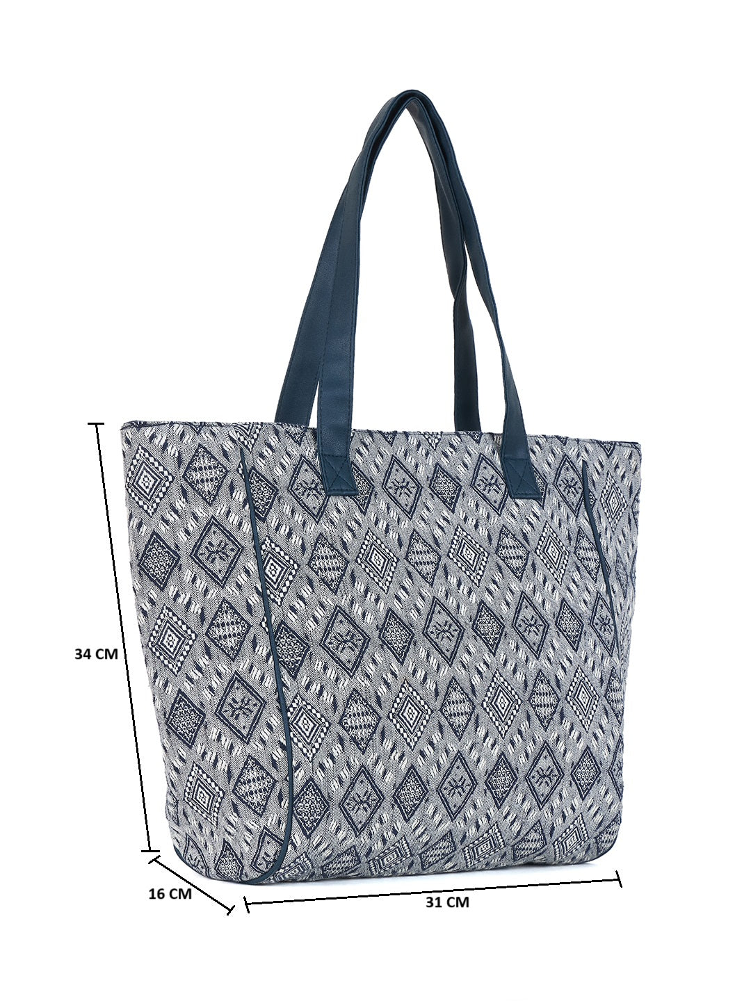 PRIMROSE Large Canvas Tote Bag, Grey and Navy Diamond Pattern, Geometric Print Shopping Shoulder Bag