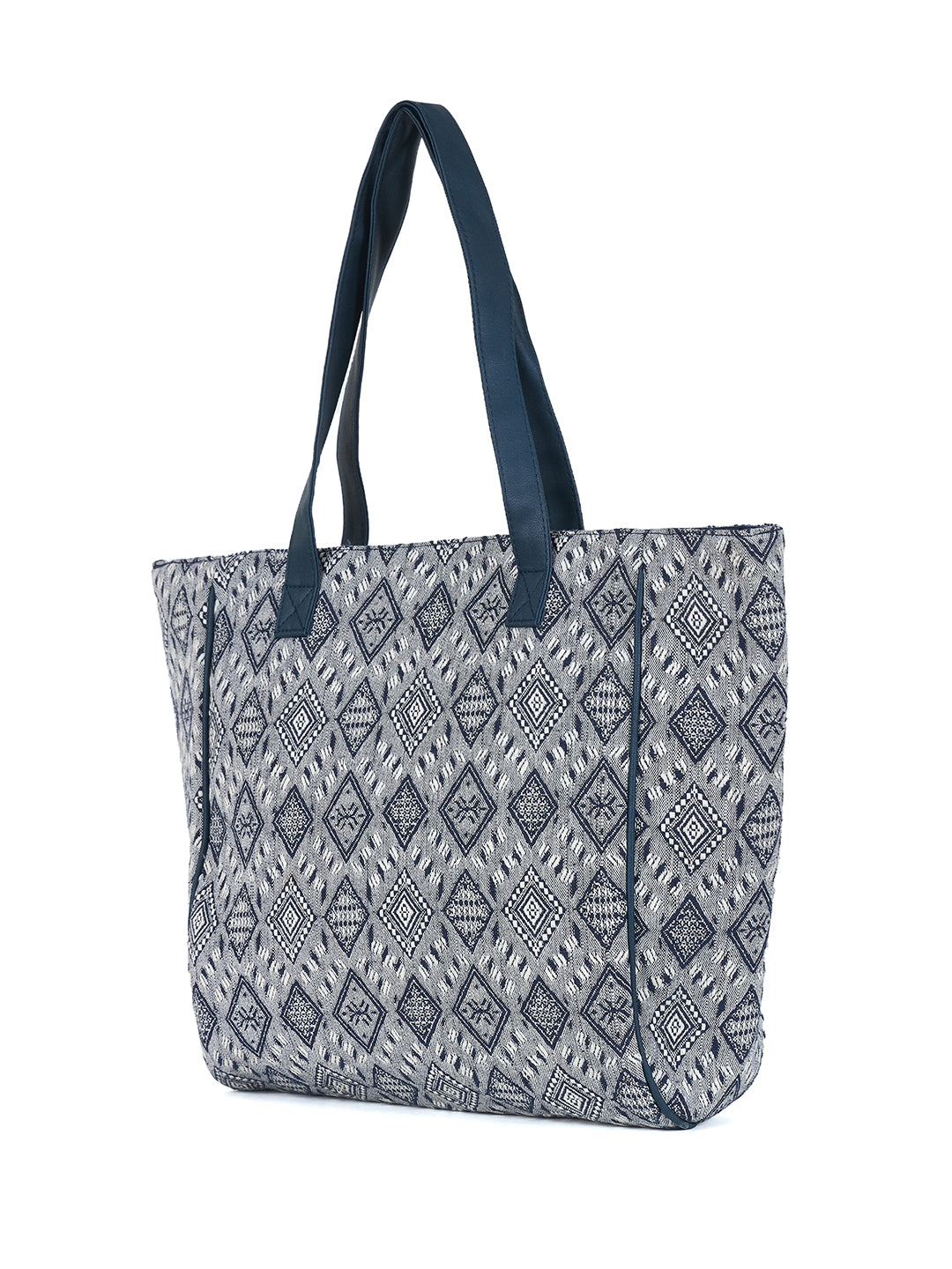 PRIMROSE Large Canvas Tote Bag, Grey and Navy Diamond Pattern, Geometric Print Shopping Shoulder Bag