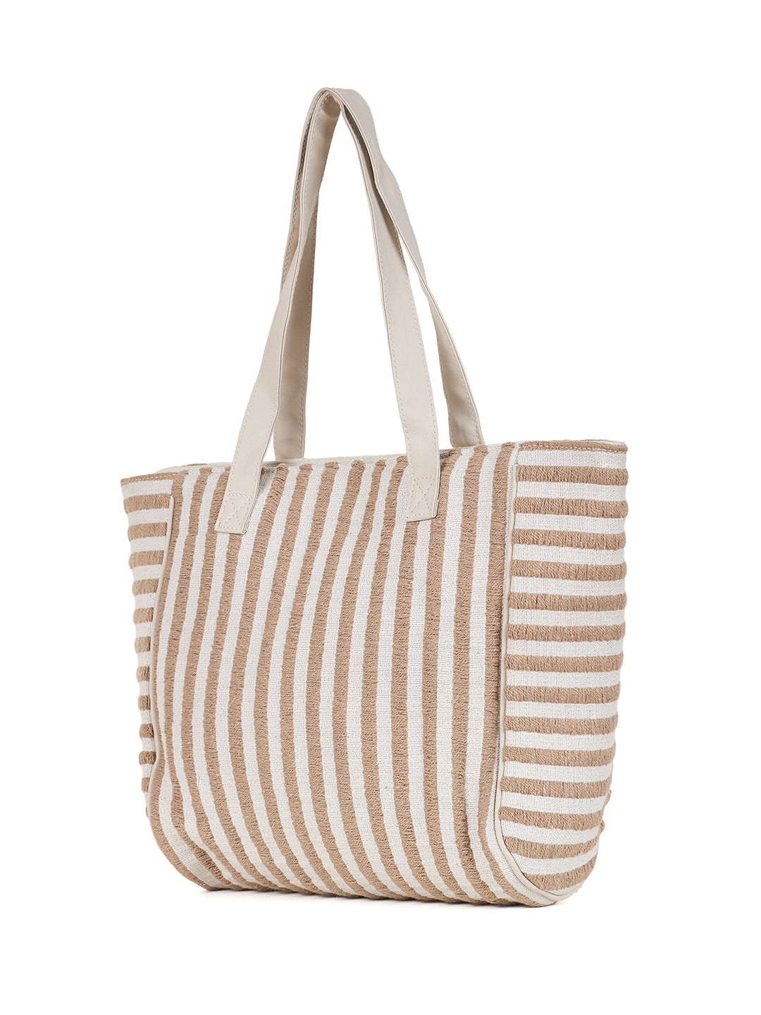 PRIMROSE Striped Canvas Tote Bag, Large Beach Shopper Handbag, Beige and White