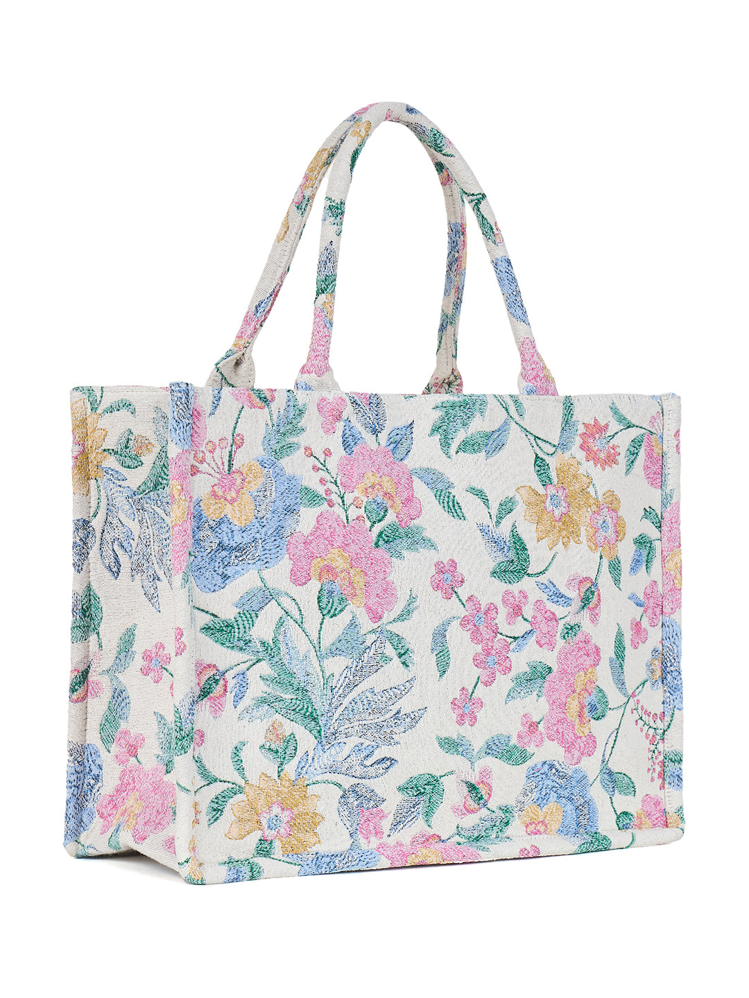 PRIMROSE Floral Canvas Tote Bag, Cotton Material, Pink Blue Yellow Pattern, Spacious Design,Double Handle