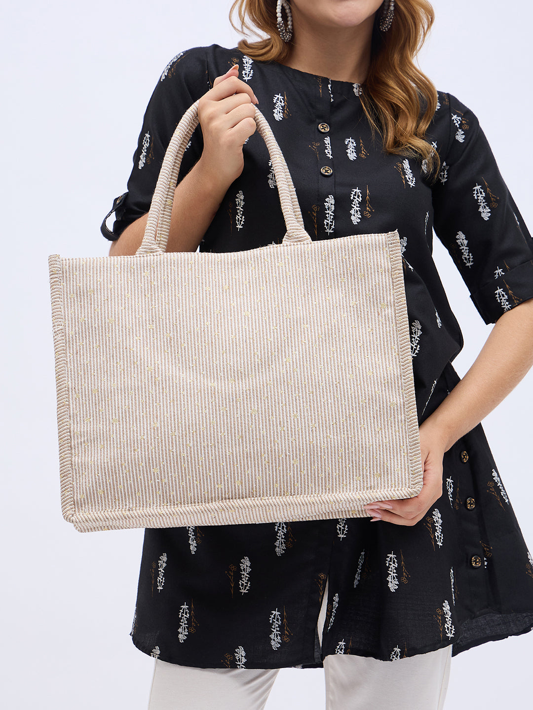 PRIMROSE Striped Cotton Tote Bag, Large Shopping Bag, Beige and White
