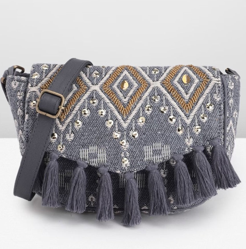 PRIMROSE Ethnic Boho Sling Bag for Women, Woven Fabric with Tassels