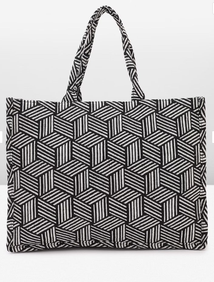 PRIMROSE Striped Geometric Tote Bag for Women, Black