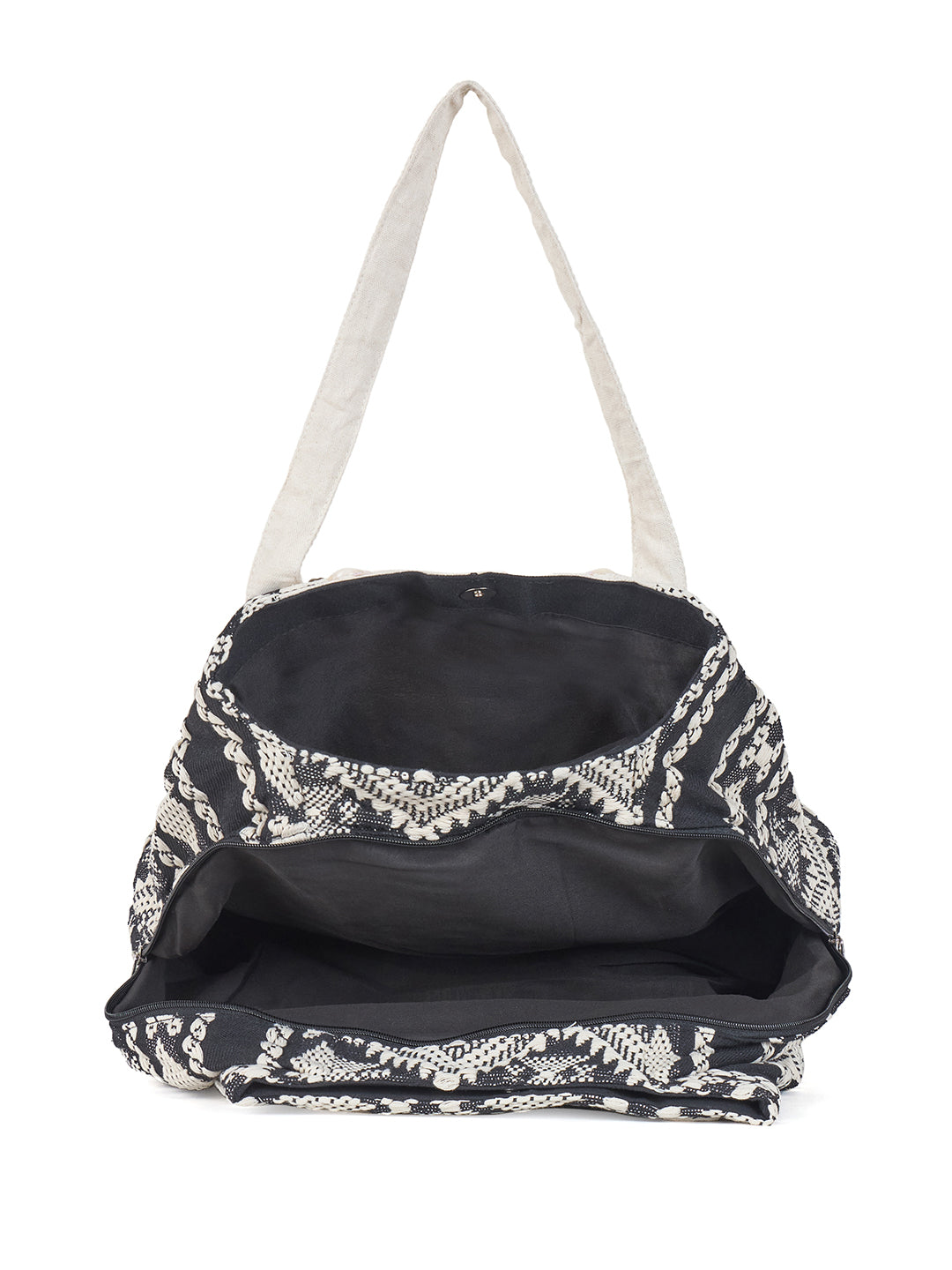 PRIMROSE Boho Embroidered Tote Bag, Black and White Geometric Pattern, Shell Medallion Design, Cotton Canvas