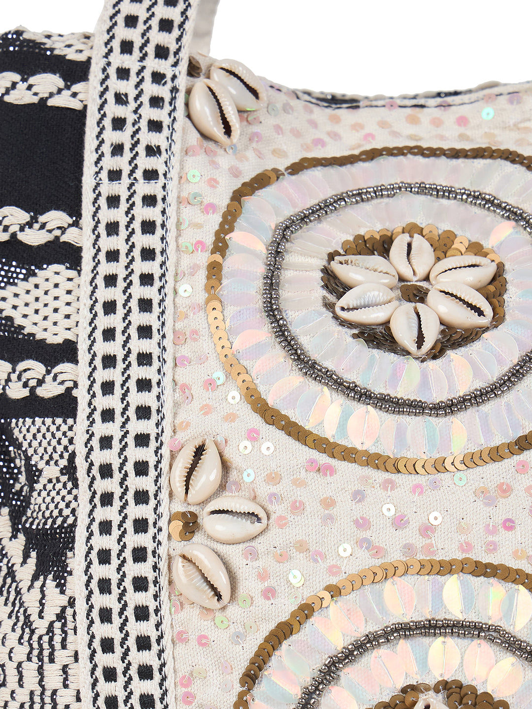 PRIMROSE Boho Embroidered Tote Bag, Black and White Geometric Pattern, Shell Medallion Design, Cotton Canvas
