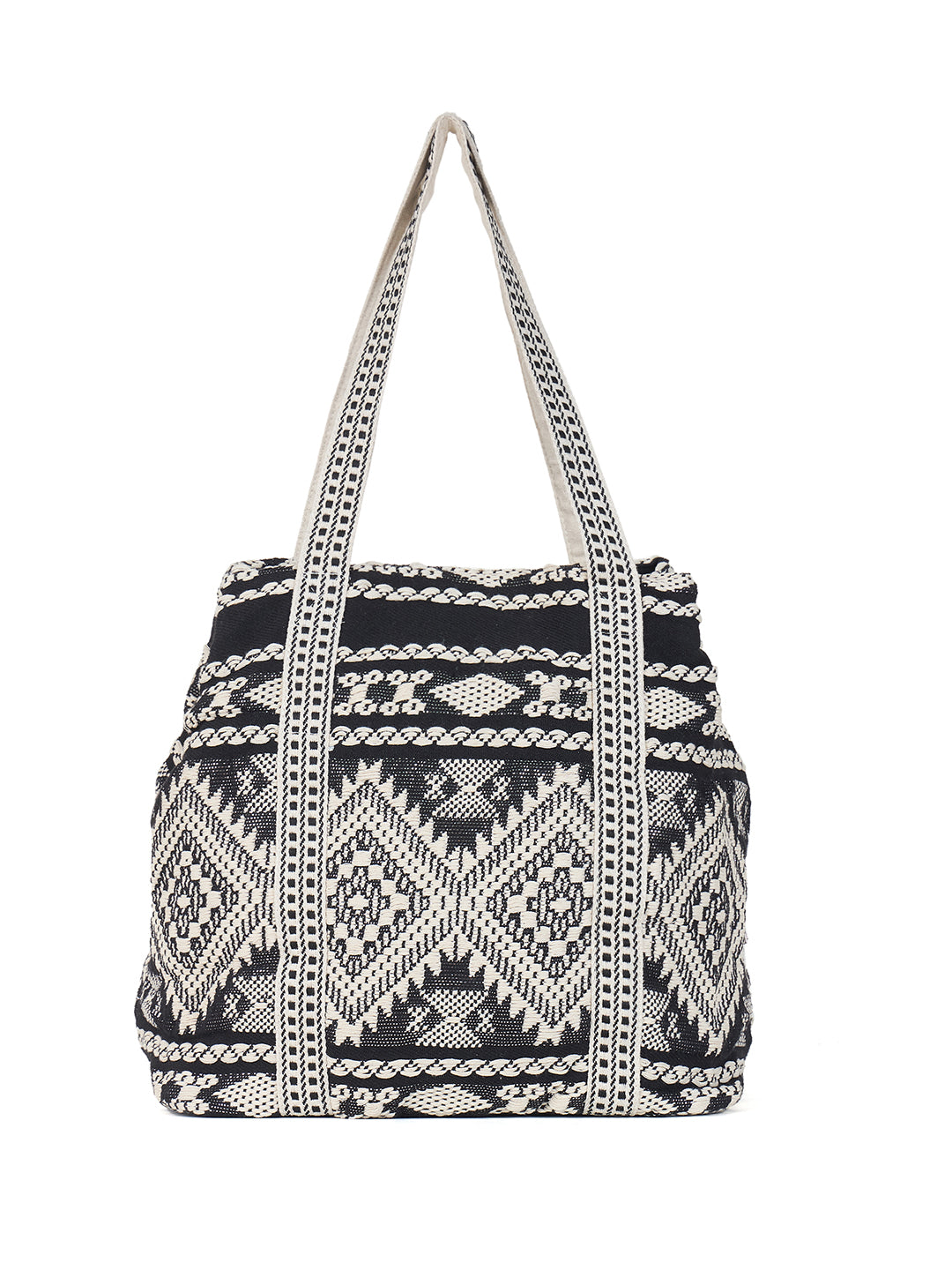 PRIMROSE Boho Embroidered Tote Bag, Black and White Geometric Pattern, Shell Medallion Design, Cotton Canvas