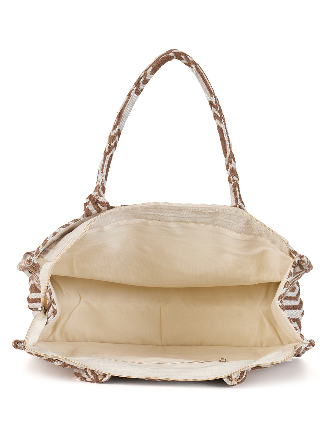 PRIMROSE Canvas Tote Bag, Brown and White Geometric Pattern, Cotton Canvas Material, Zipper Closure