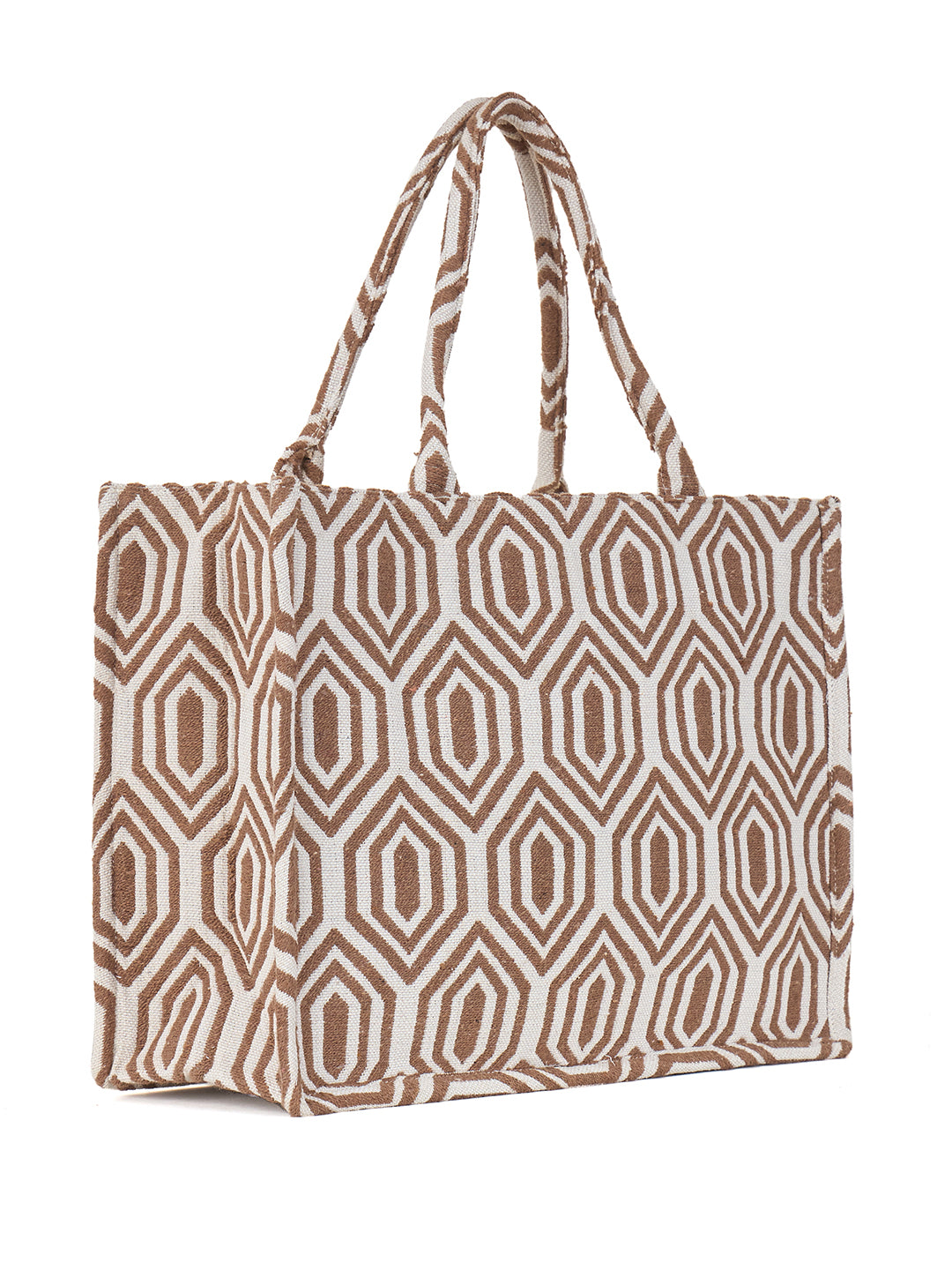 PRIMROSE Canvas Tote Bag, Brown and White Geometric Pattern, Cotton Canvas Material, Zipper Closure