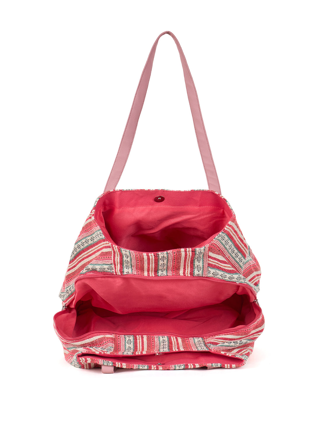 PRIMROSE Boho Beach Tote Bag, Pink Striped with Shell Flowers, Turquoise Accents, Sequin Details