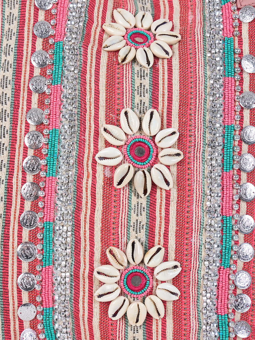 PRIMROSE Boho Beach Tote Bag, Pink Striped with Shell Flowers, Turquoise Accents, Sequin Details