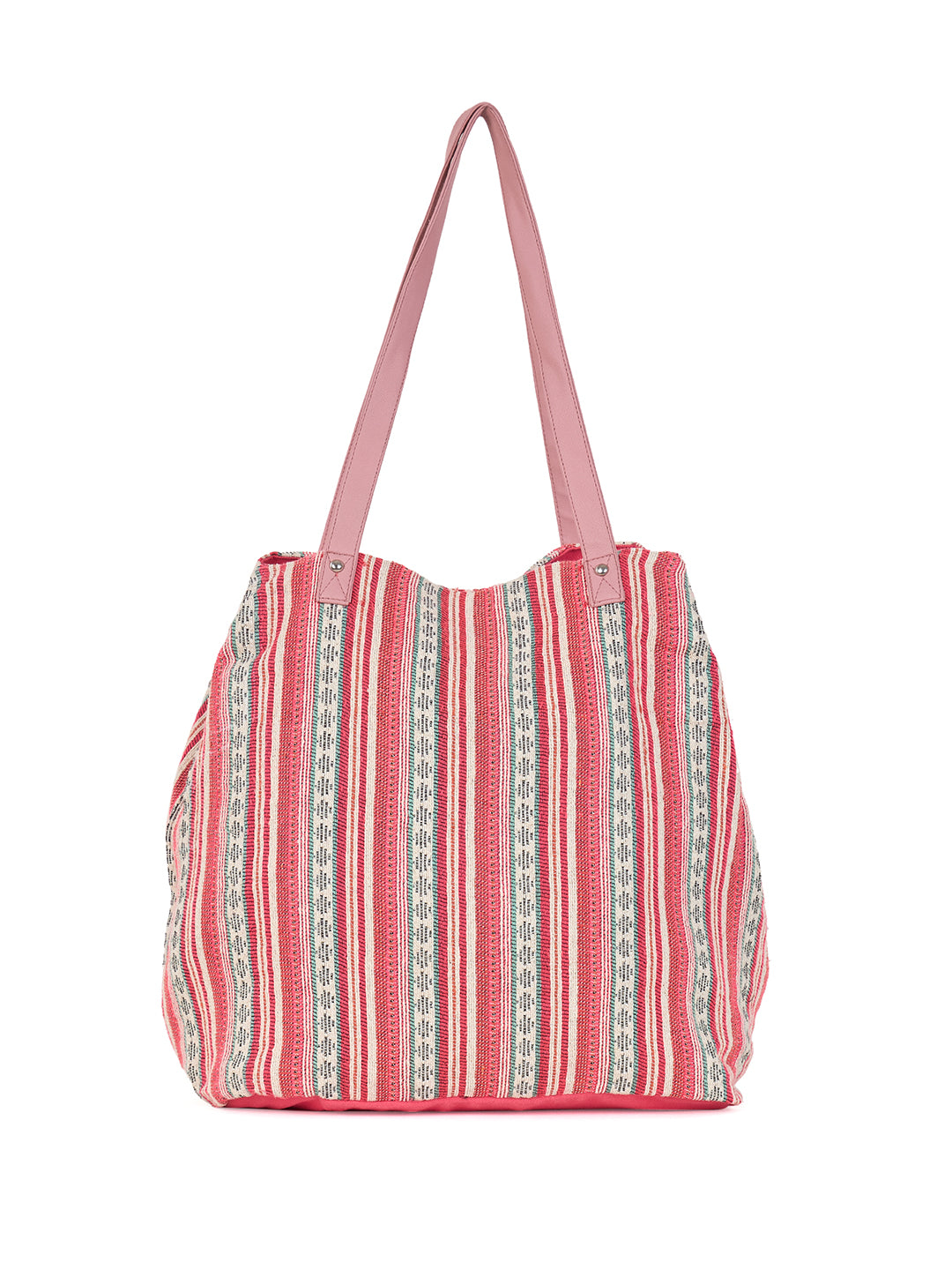 PRIMROSE Boho Beach Tote Bag, Pink Striped with Shell Flowers, Turquoise Accents, Sequin Details