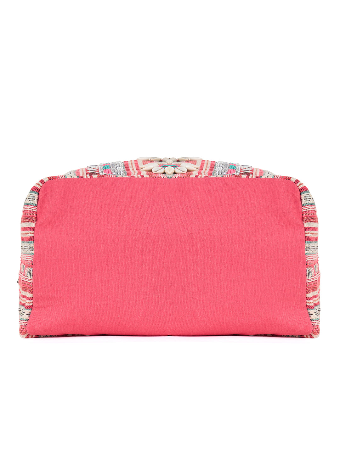 PRIMROSE Boho Beach Tote Bag, Pink Striped with Shell Flowers, Turquoise Accents, Sequin Details