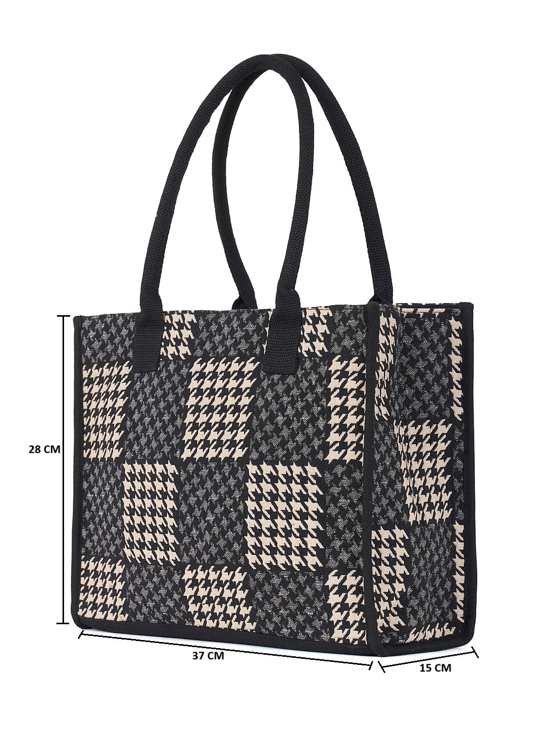 PRIMROSE Houndstooth Pattern Canvas Tote Bag, Black and White Checkered Design, Double Handle