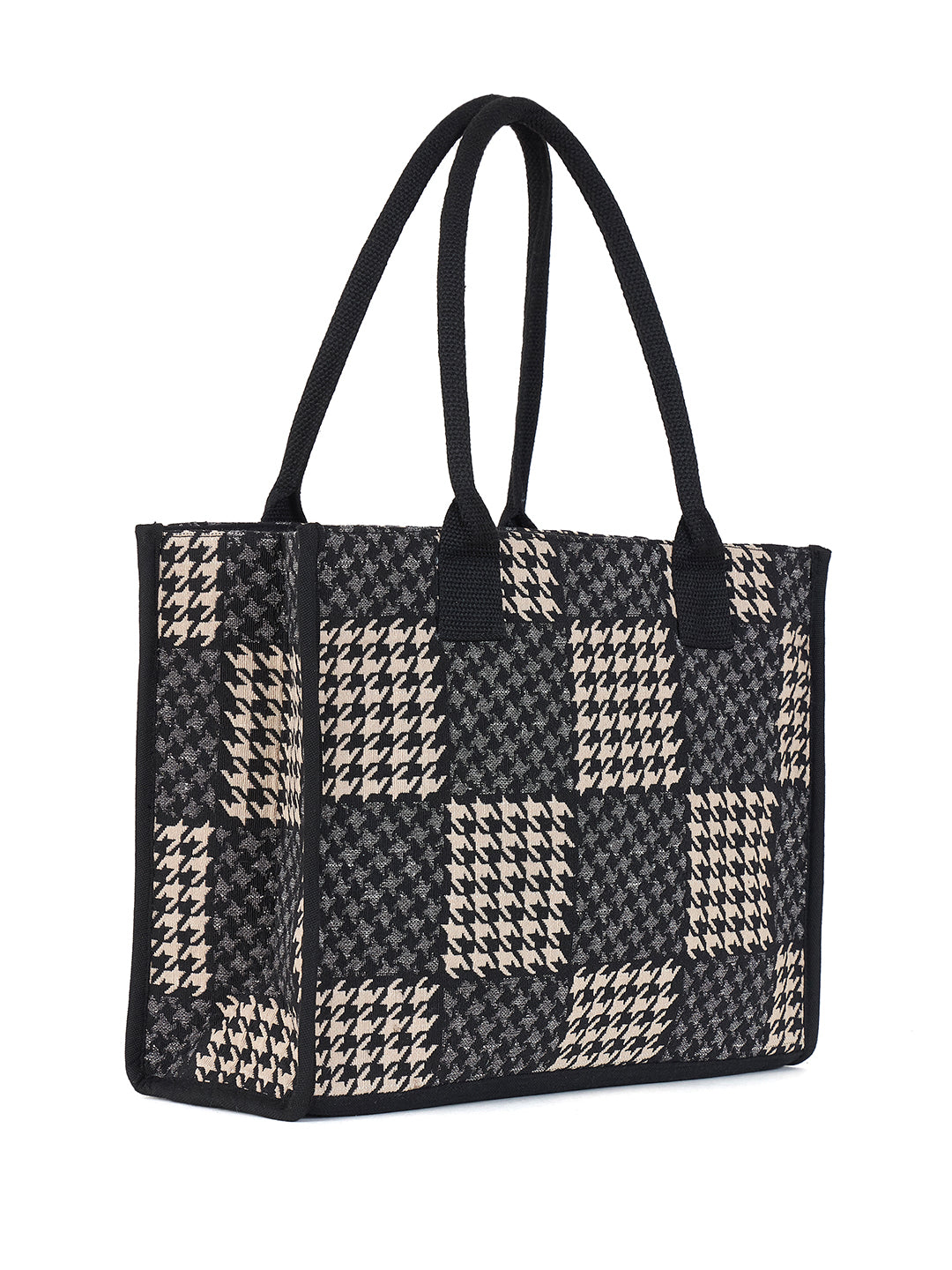 PRIMROSE Houndstooth Pattern Canvas Tote Bag, Black and White Checkered Design, Double Handle