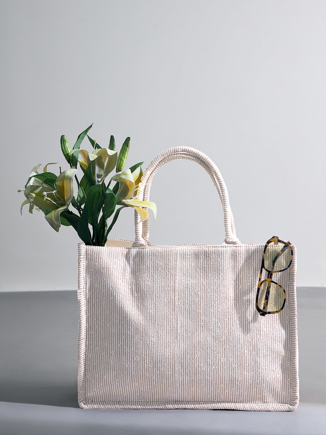 PRIMROSE Striped Cotton Tote Bag, Large Shopping Bag, Beige and White