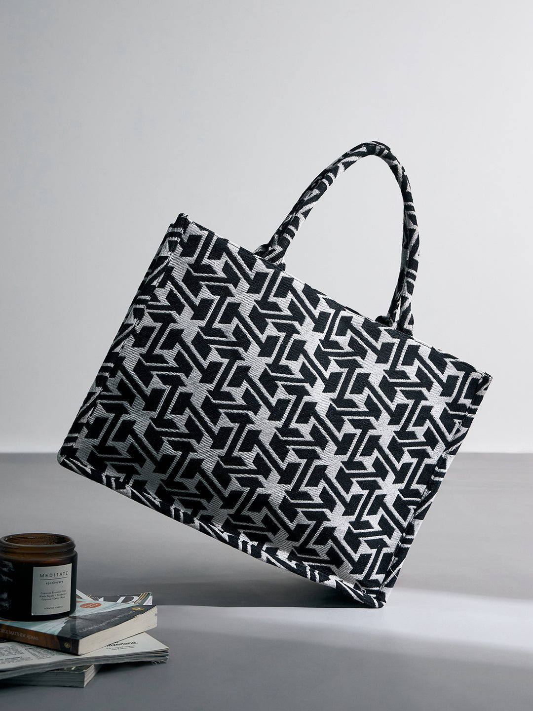 PRIMROSE Geometric Pattern Canvas Tote Bag, Black and White, Casual Shopping Shoulder Bag
