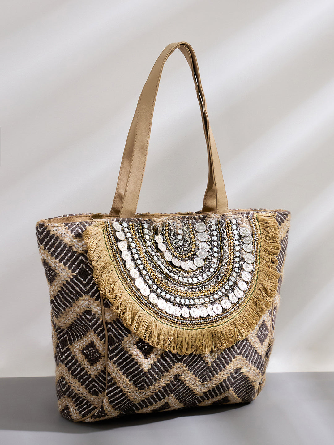 PRIMROSE Bohemian Tote Bag with Sequin Embellishments, Fringe Detail, Geometric Pattern, Beige and Grey