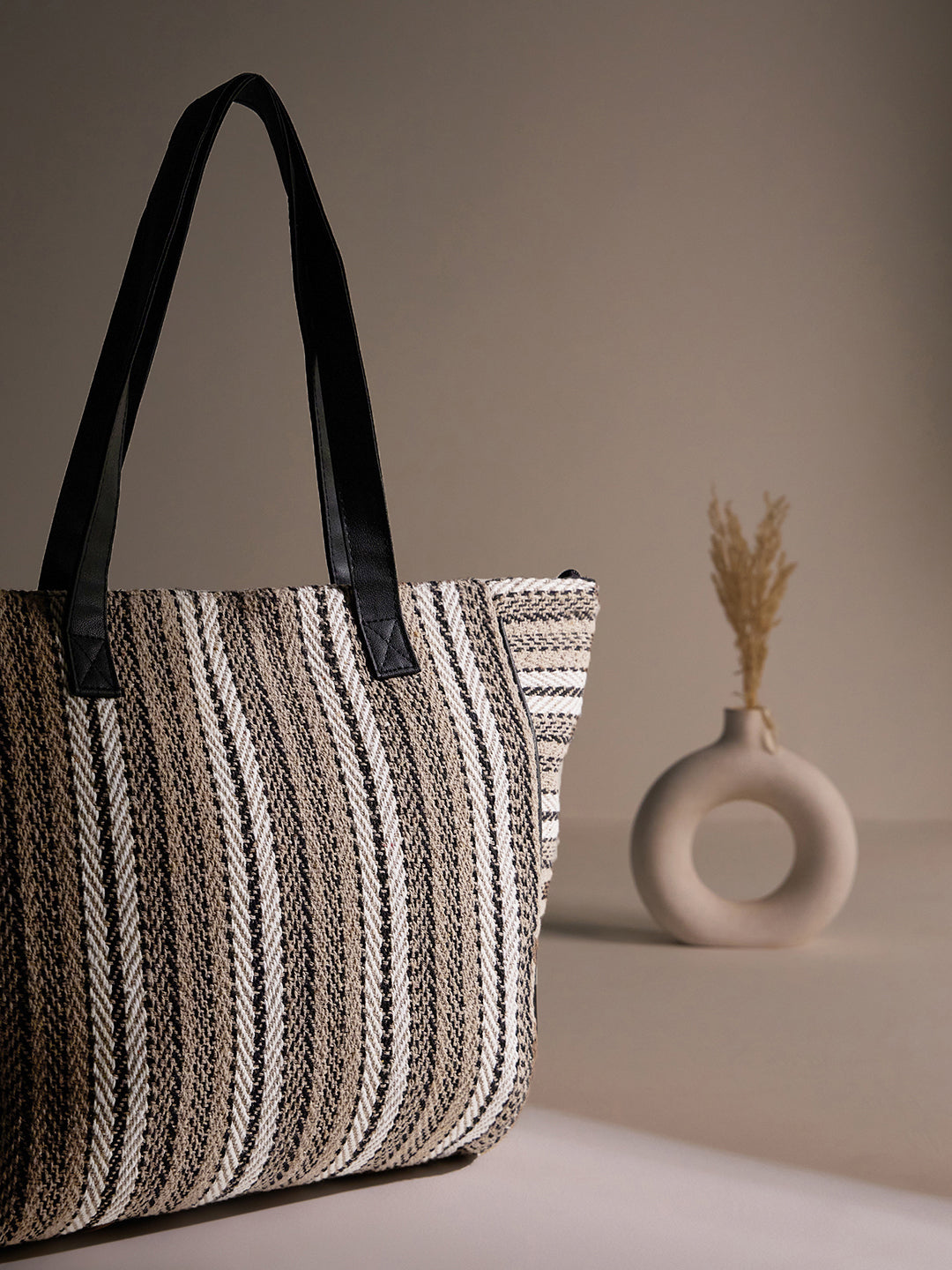 PRIMROSE Striped Canvas Tote Bag, Large Beach Shopper with Black Handles, Beige and White