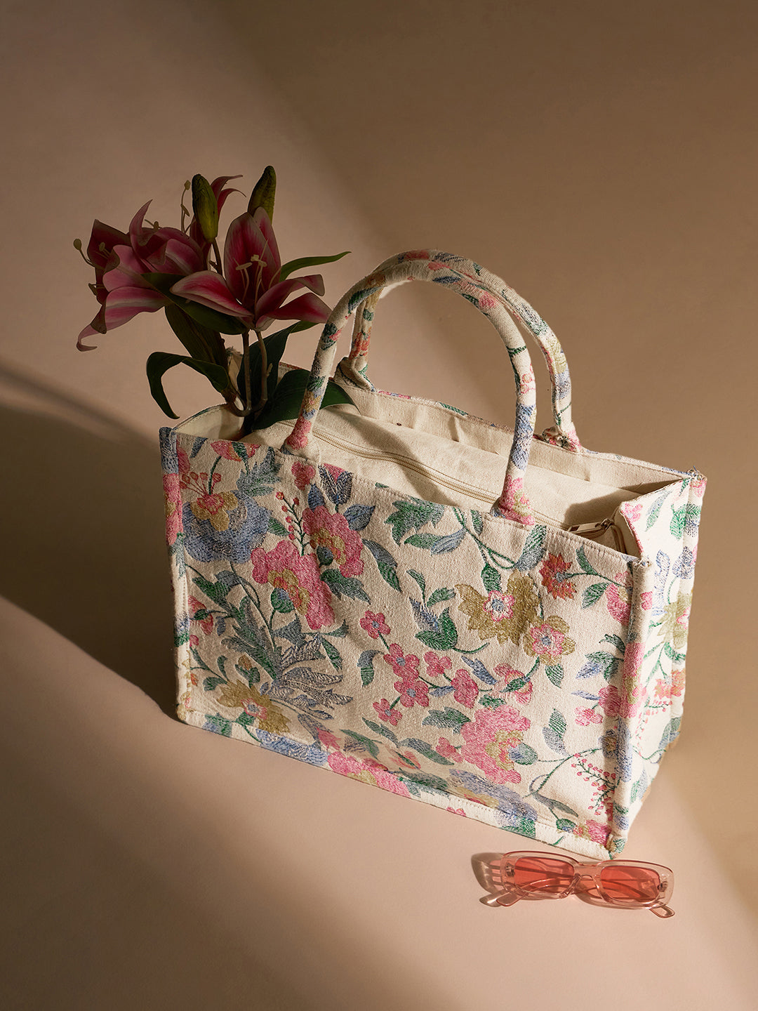 PRIMROSE Floral Canvas Tote Bag, Cotton Material, Pink Blue Yellow Pattern, Spacious Design,Double Handle