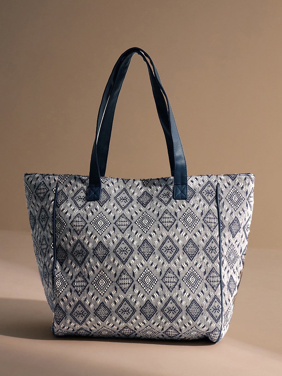 PRIMROSE Large Canvas Tote Bag, Grey and Navy Diamond Pattern, Geometric Print Shopping Shoulder Bag