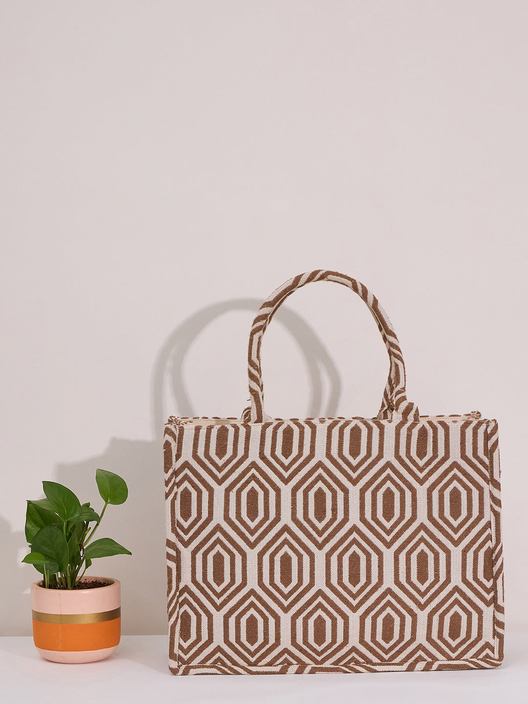 PRIMROSE Canvas Tote Bag, Brown and White Geometric Pattern, Cotton Canvas Material, Zipper Closure