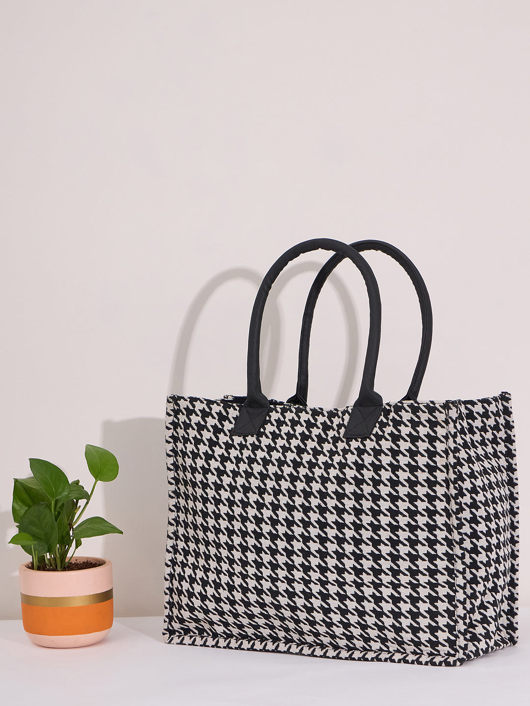 PRIMROSE Houndstooth Canvas Tote Bag, Black and White Pattern, Double Handle