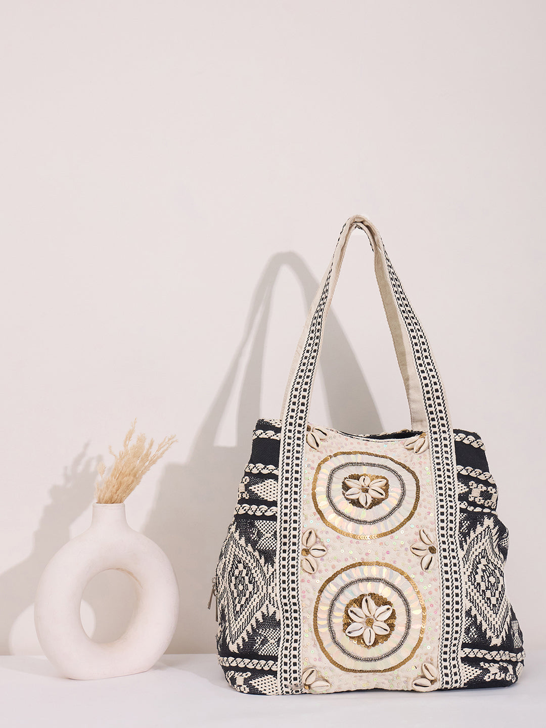 PRIMROSE Boho Embroidered Tote Bag, Black and White Geometric Pattern, Shell Medallion Design, Cotton Canvas