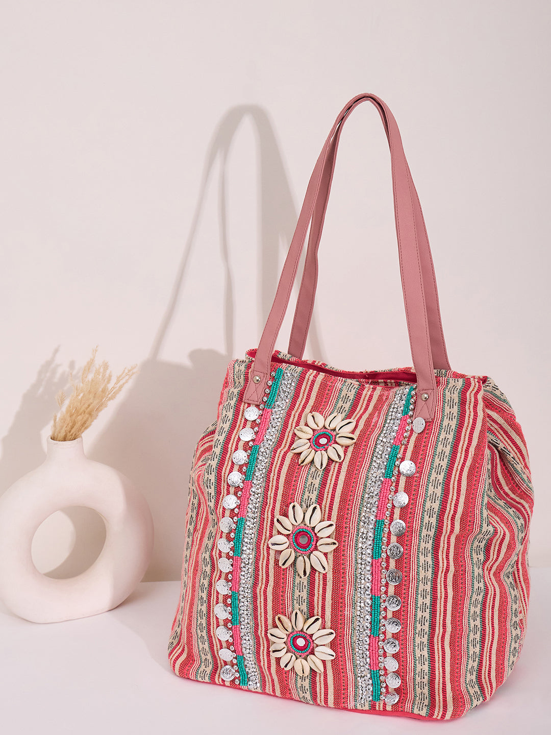 PRIMROSE Boho Beach Tote Bag, Pink Striped with Shell Flowers, Turquoise Accents, Sequin Details