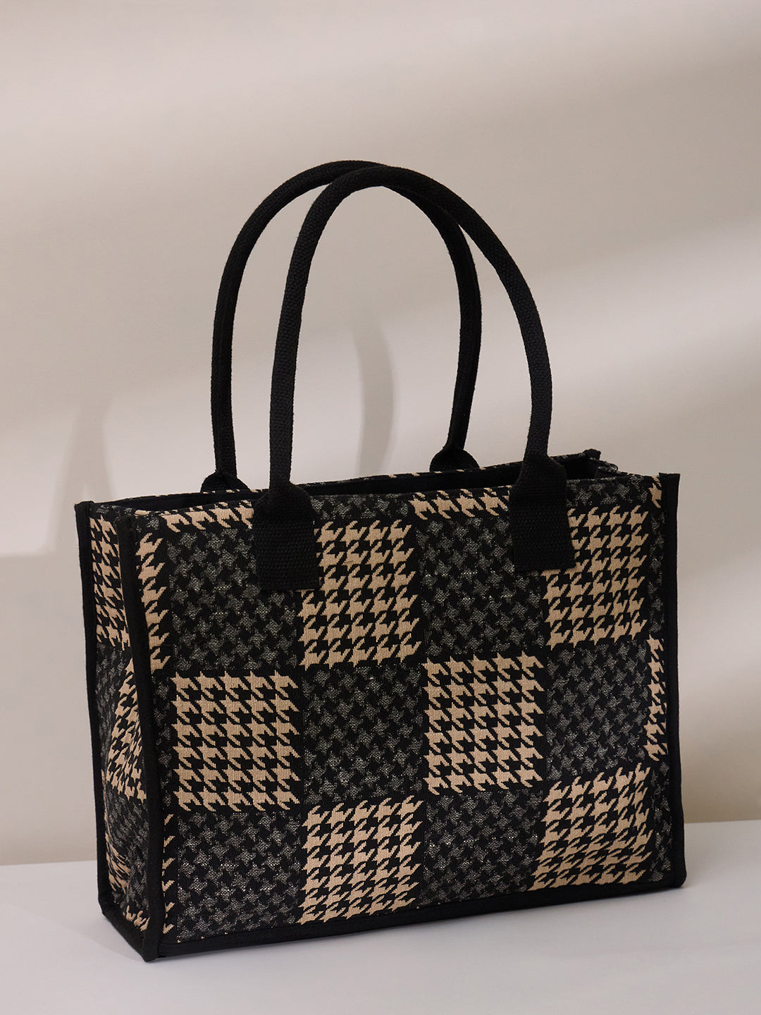 PRIMROSE Houndstooth Pattern Canvas Tote Bag, Black and White Checkered Design, Double Handle