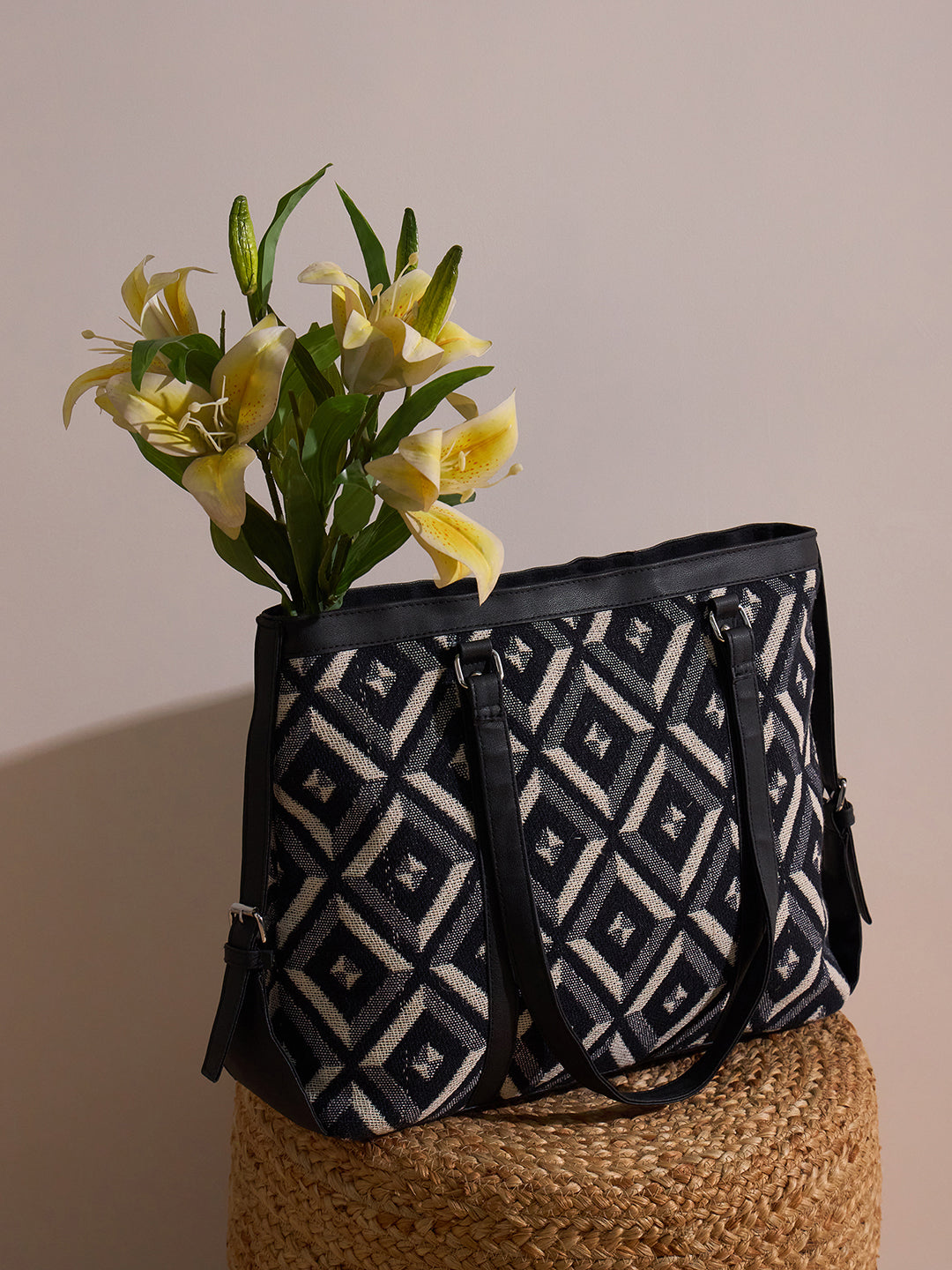 Geometric Pattern Tote Bag, Black and White Diamond Design, Double Handle Shoulder Bag with Side Ties