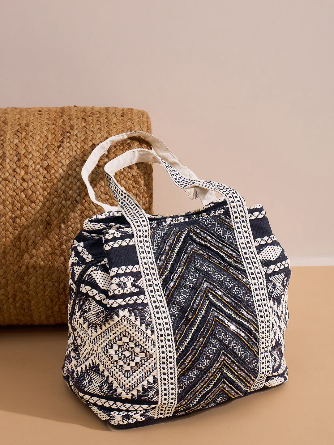 PRIMROSE Bohemian Tote Bag, Black and White Geometric Pattern, Cotton Canvas Shoulder Straps