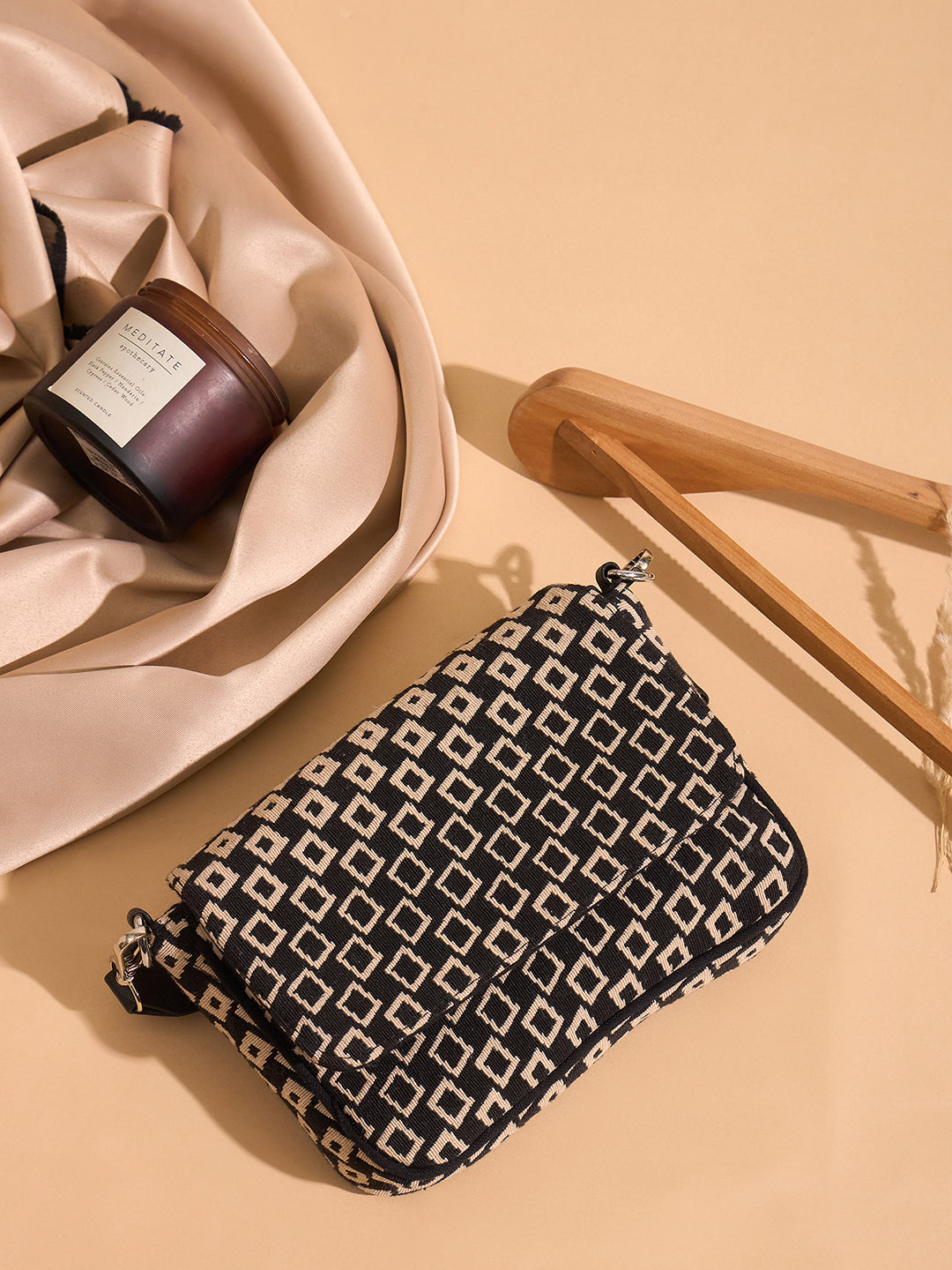 PRIMROSE Geometric Pattern Crossbody Bag, Black and White Print, Adjustable Shoulder Strap