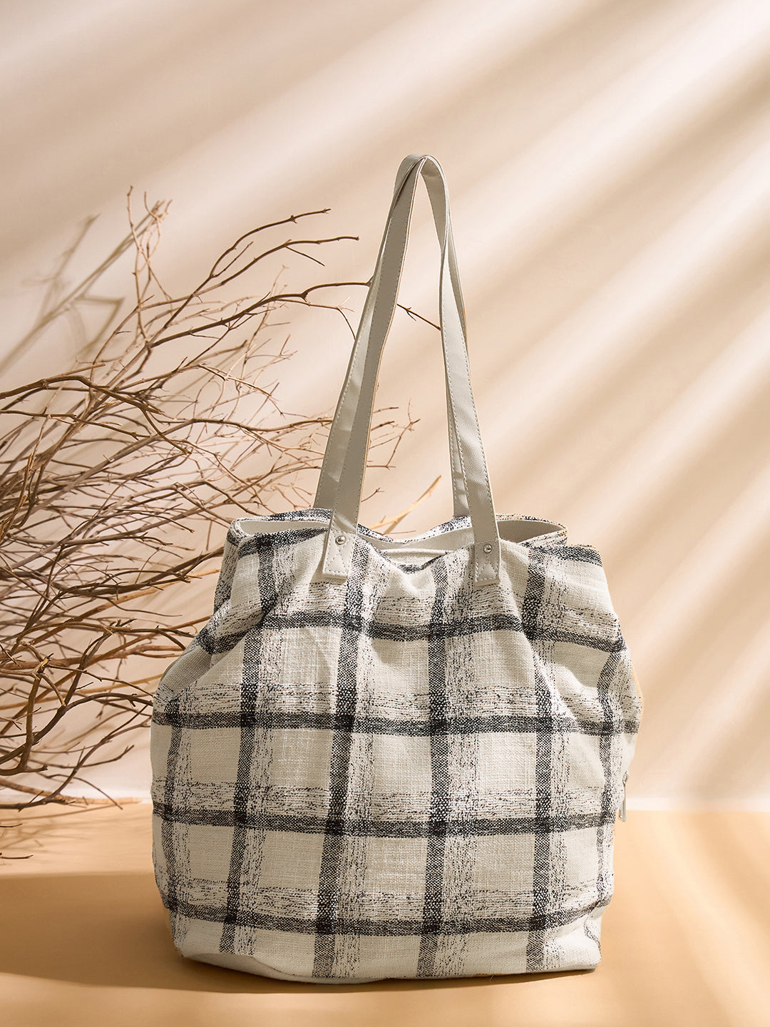 PRIMROSE Large Canvas Tote Bag, Plaid Pattern, White and Black Check, Long Handles