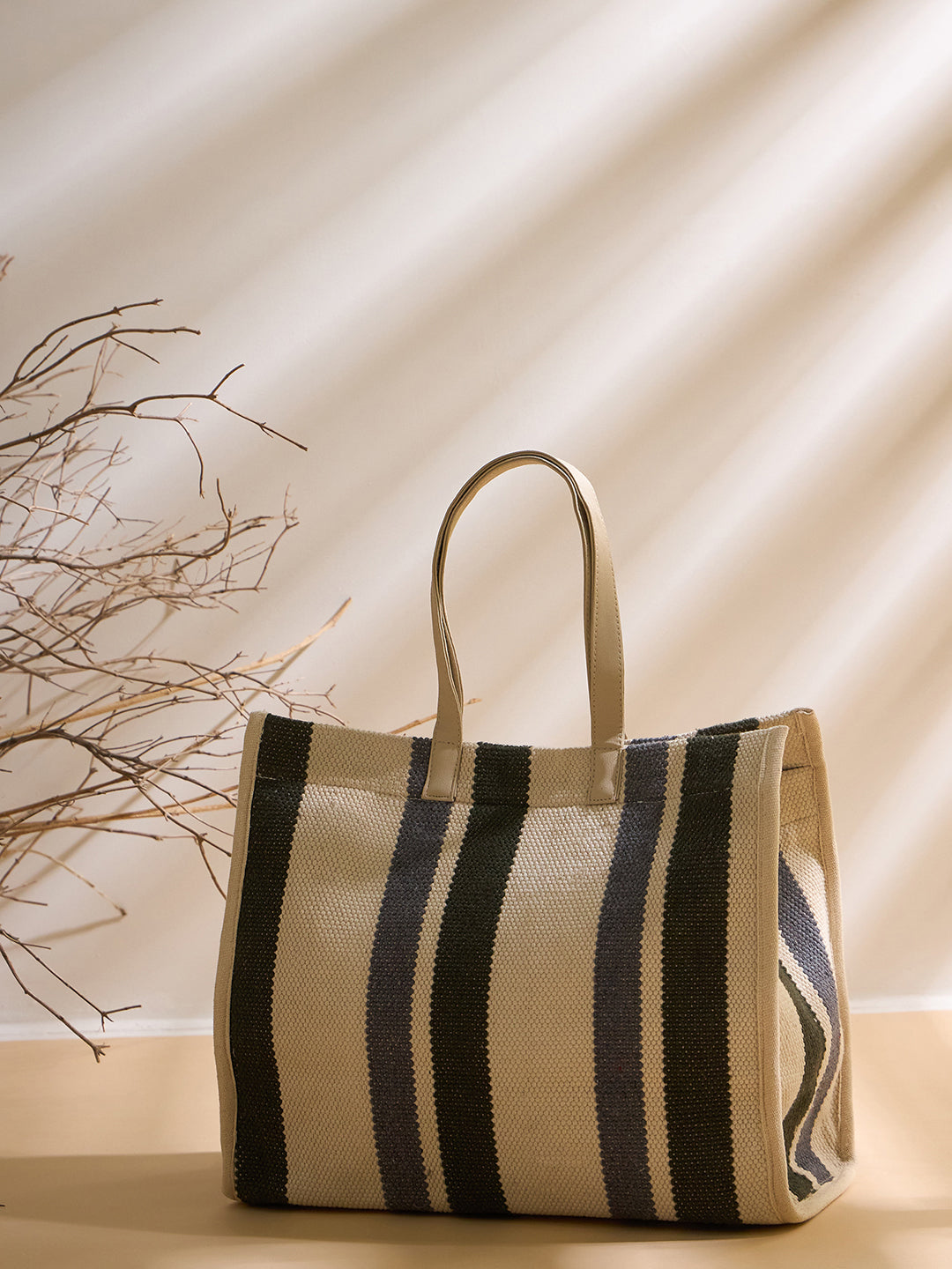 PRIMROSE Striped Canvas Tote Bag, Dual Carry Handles, Adjustable Shoulder Strap, White Grey Green
