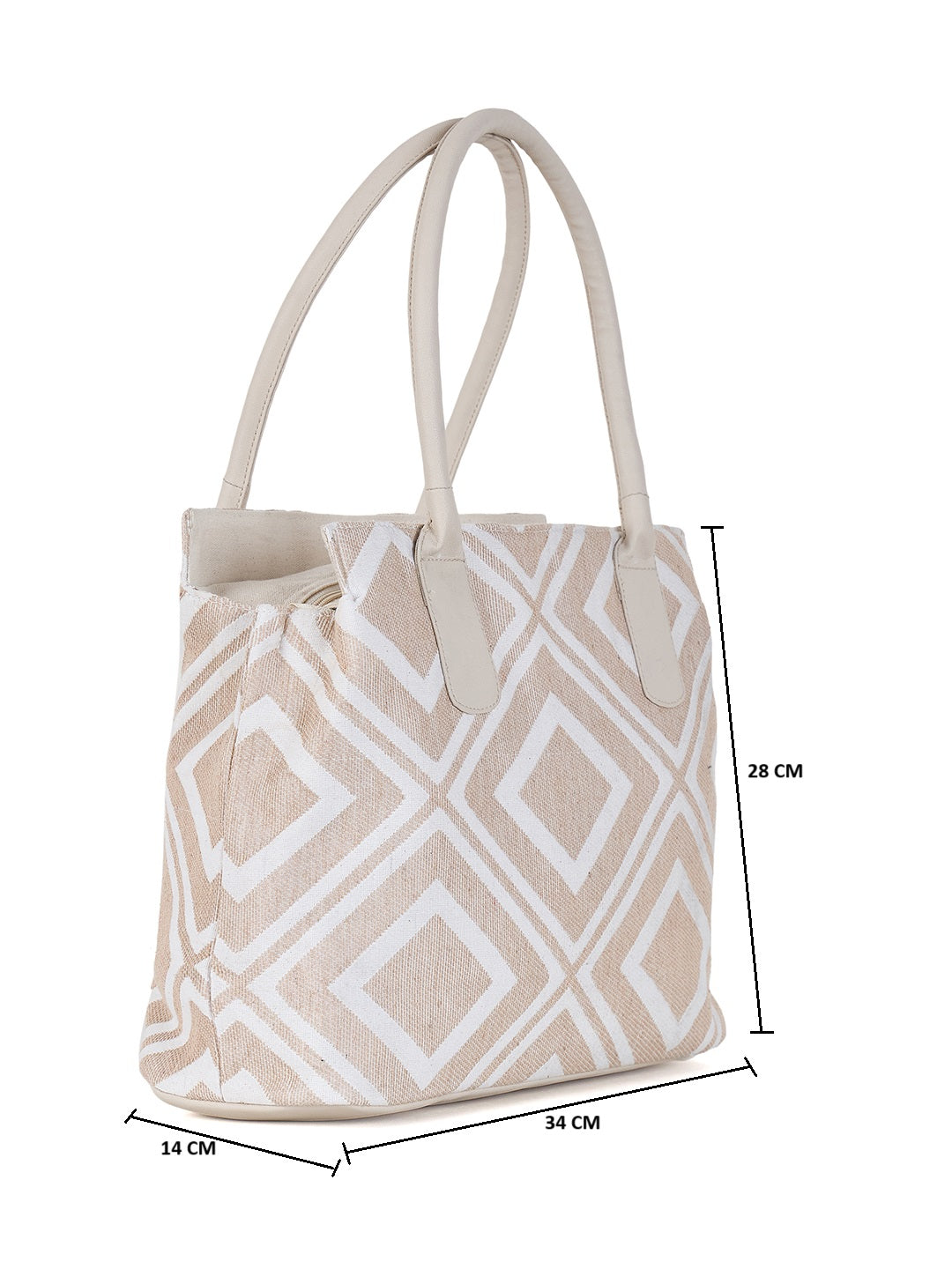 PRIMROSE Geometric Pattern Canvas Tote Bag, Beige and White Diamond Design, Double Handle