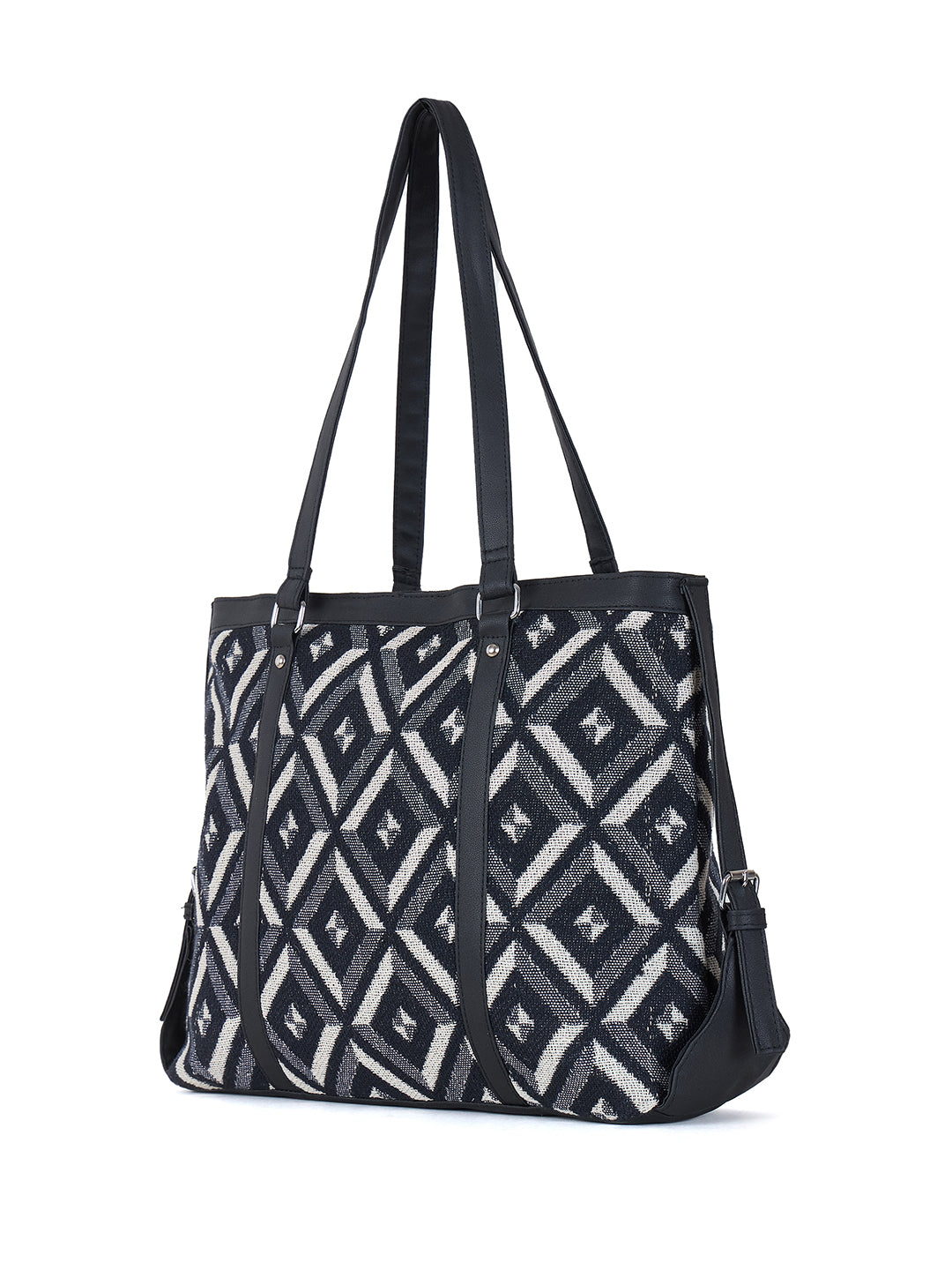 Geometric Pattern Tote Bag, Black and White Diamond Design, Double Handle Shoulder Bag with Side Ties