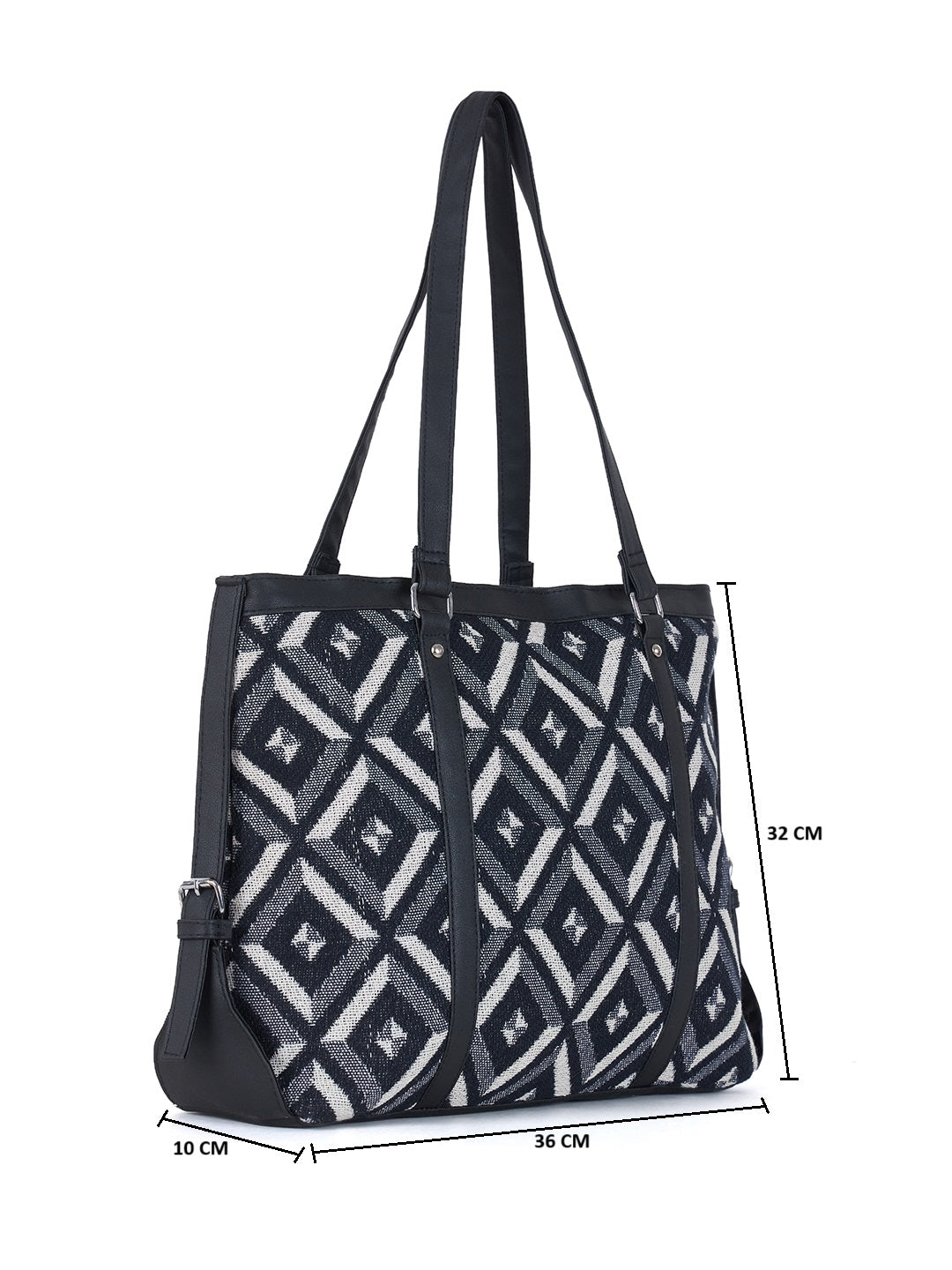 Geometric Pattern Tote Bag, Black and White Diamond Design, Double Handle Shoulder Bag with Side Ties