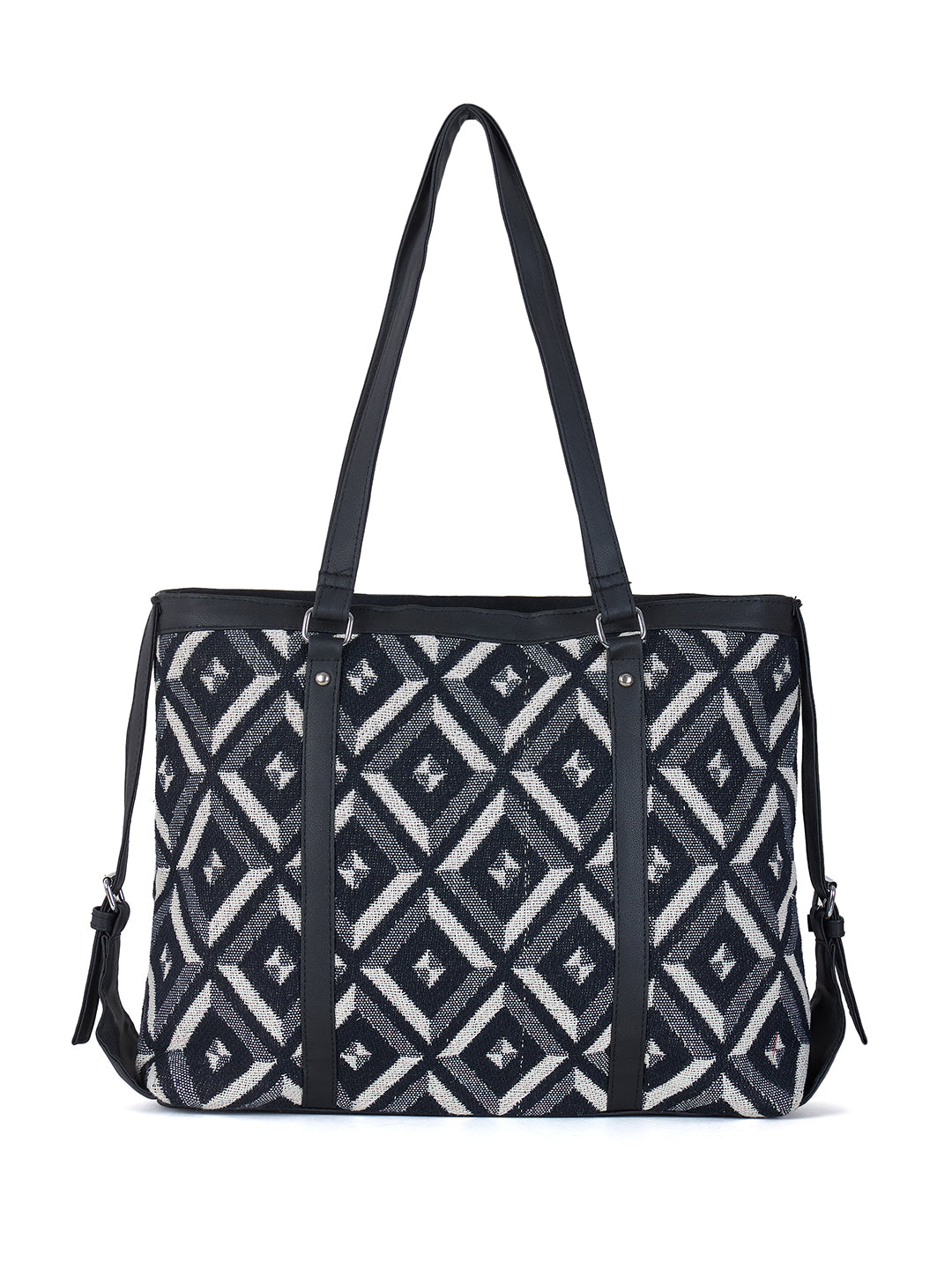 Geometric Pattern Tote Bag, Black and White Diamond Design, Double Handle Shoulder Bag with Side Ties