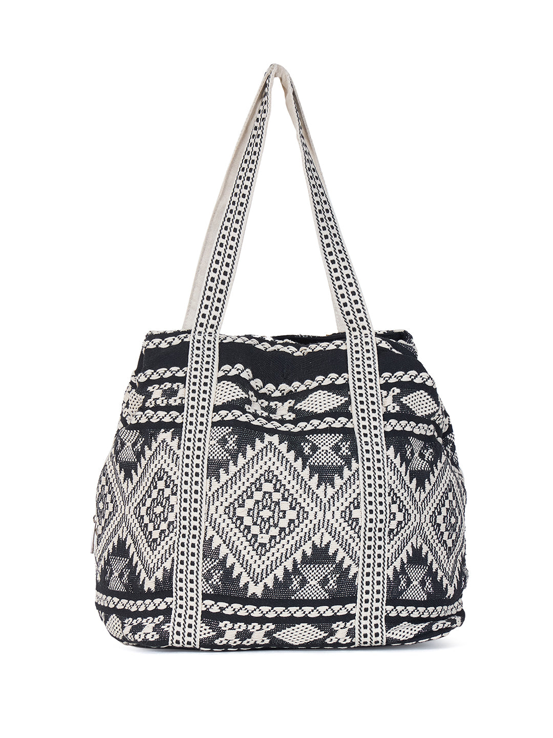 PRIMROSE Bohemian Tote Bag, Black and White Geometric Pattern, Cotton Canvas Shoulder Straps