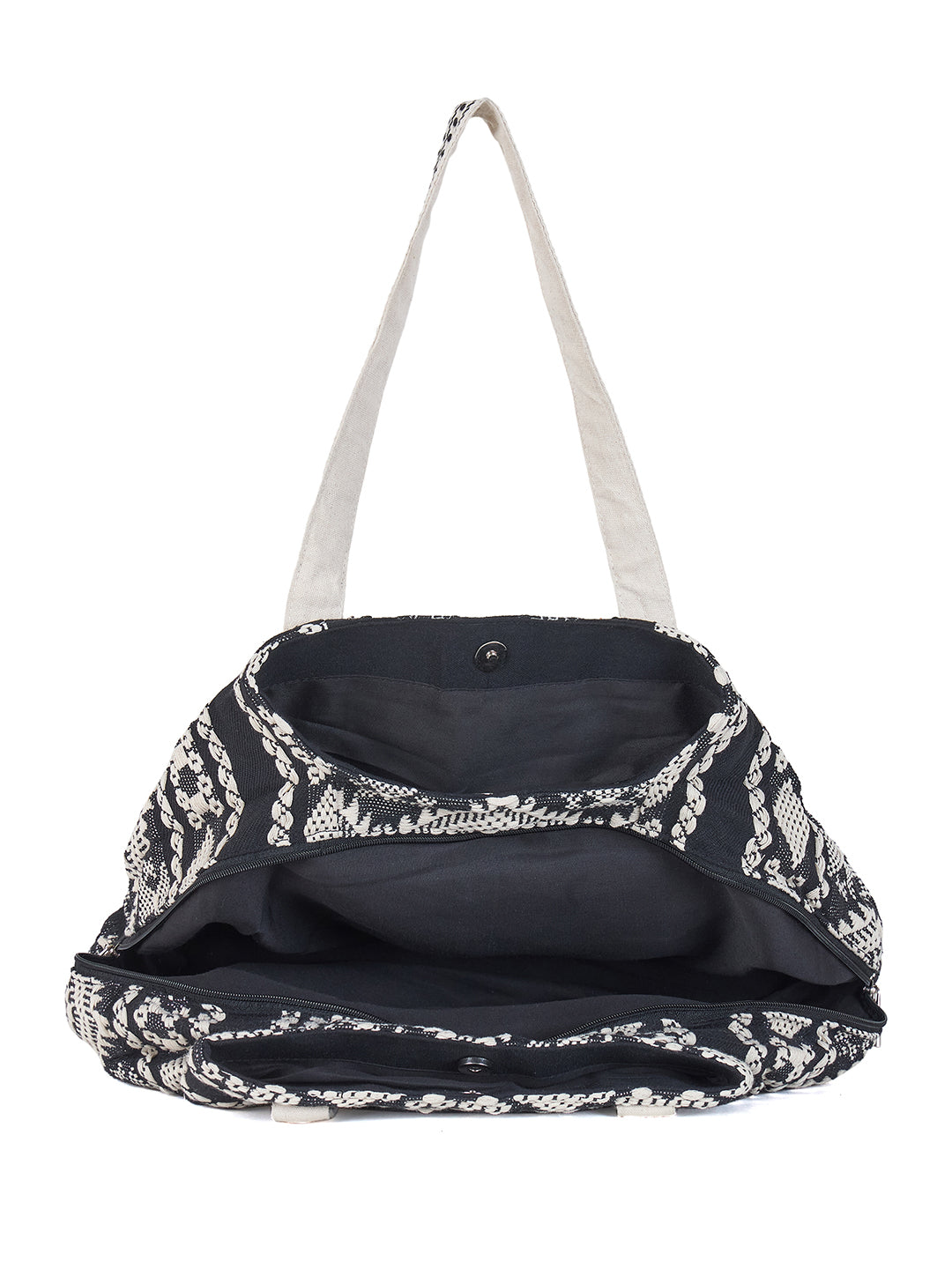 PRIMROSE Bohemian Tote Bag, Black and White Geometric Pattern, Cotton Canvas Shoulder Straps