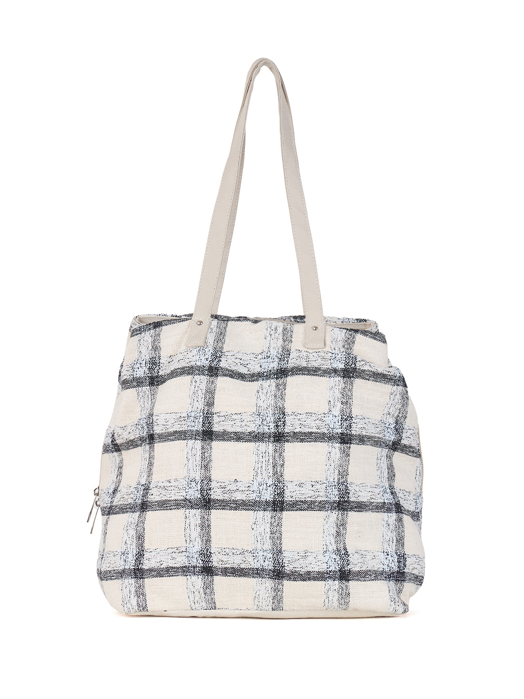 PRIMROSE Large Canvas Tote Bag, Plaid Pattern, White and Black Check, Long Handles
