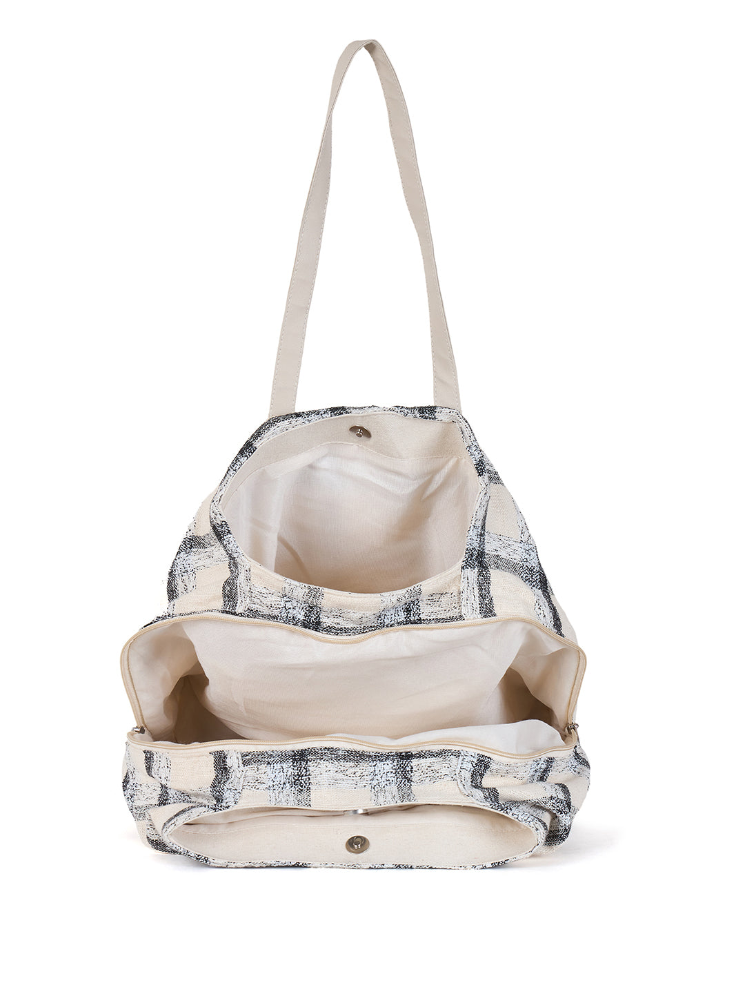 PRIMROSE Large Canvas Tote Bag, Plaid Pattern, White and Black Check, Long Handles