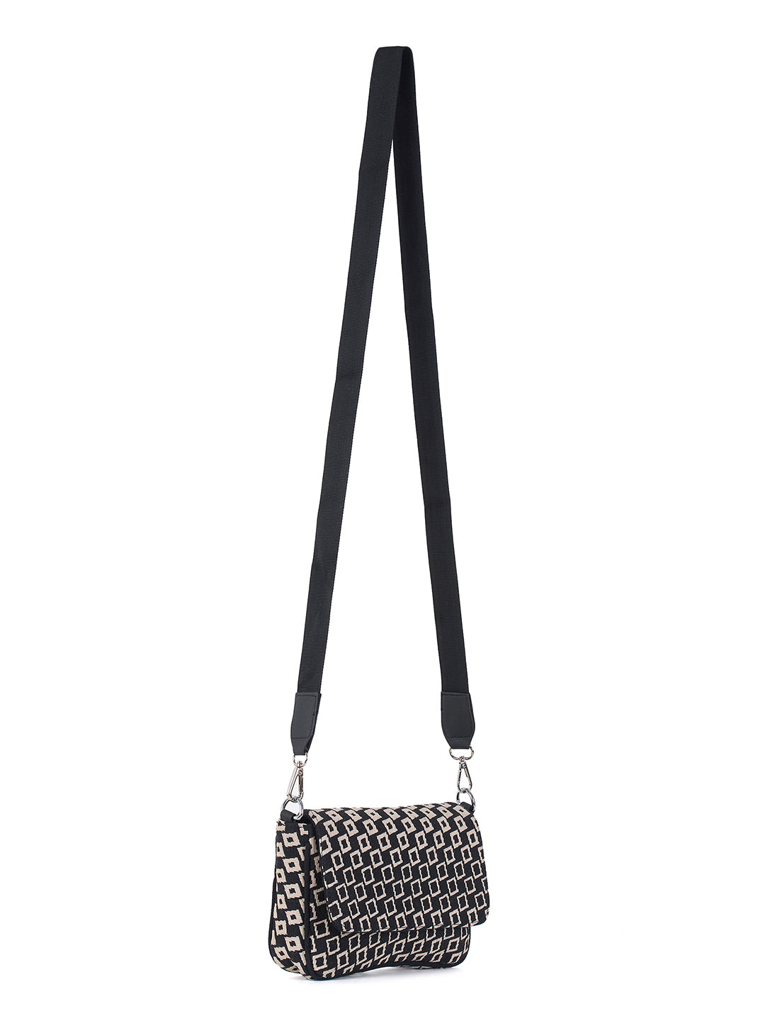 PRIMROSE Geometric Pattern Crossbody Bag, Black and White Print, Adjustable Shoulder Strap