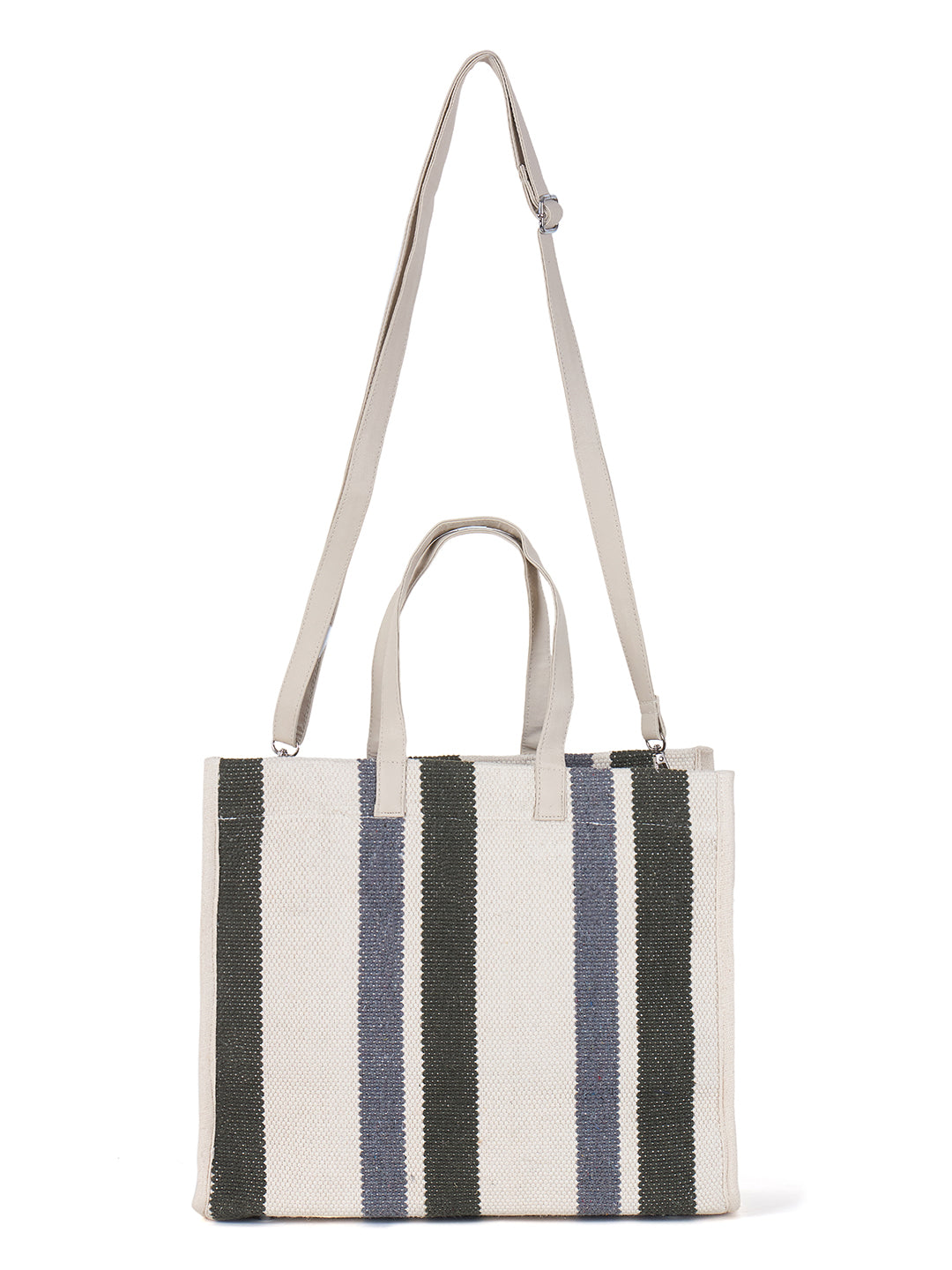 PRIMROSE Striped Canvas Tote Bag, Dual Carry Handles, Adjustable Shoulder Strap, White Grey Green