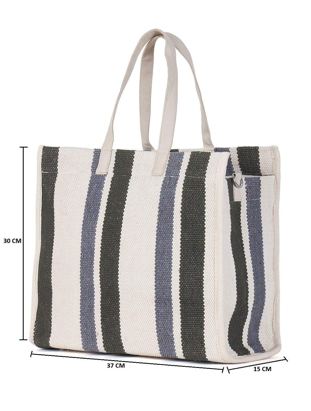 PRIMROSE Striped Canvas Tote Bag, Dual Carry Handles, Adjustable Shoulder Strap, White Grey Green